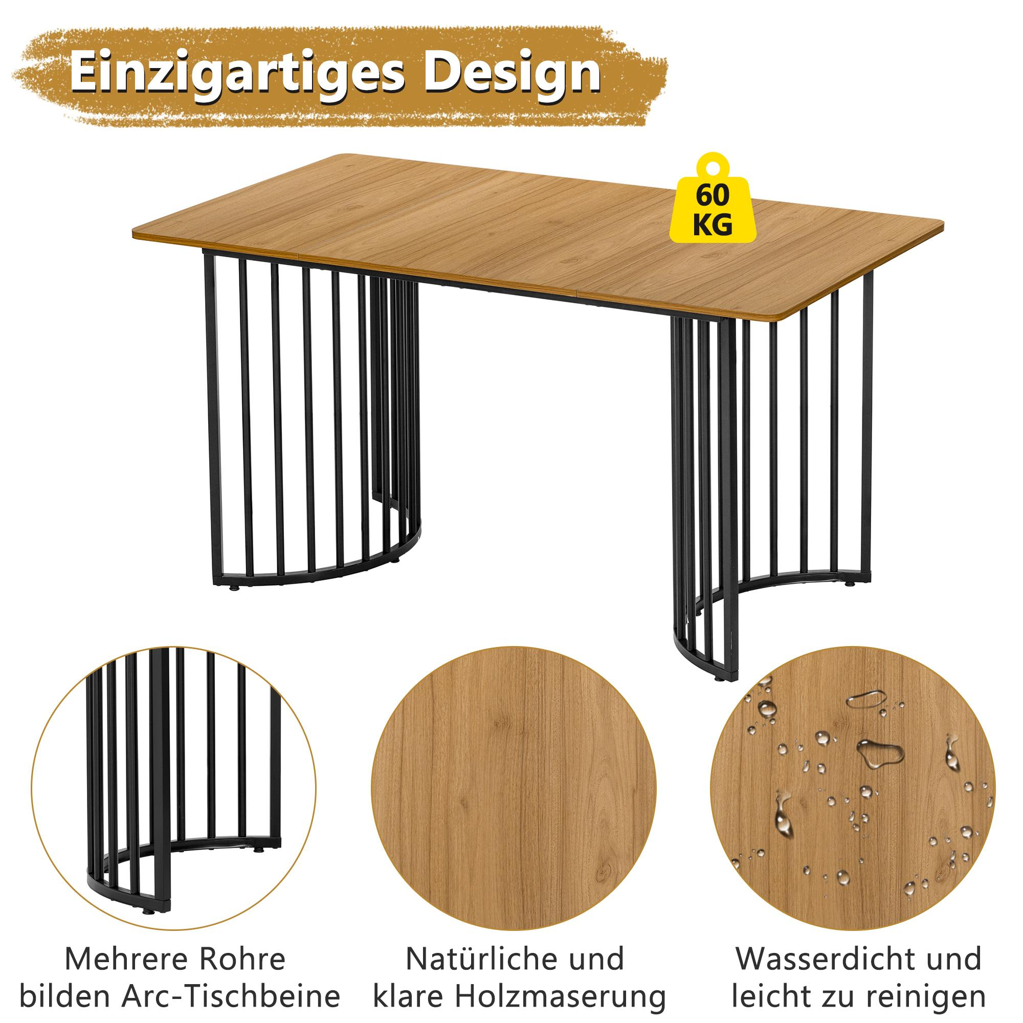 Holztisch mit schwarzen Metallbeinen und einem 60 kg Gewichtsschild. Details umfassen Holzmaserung.