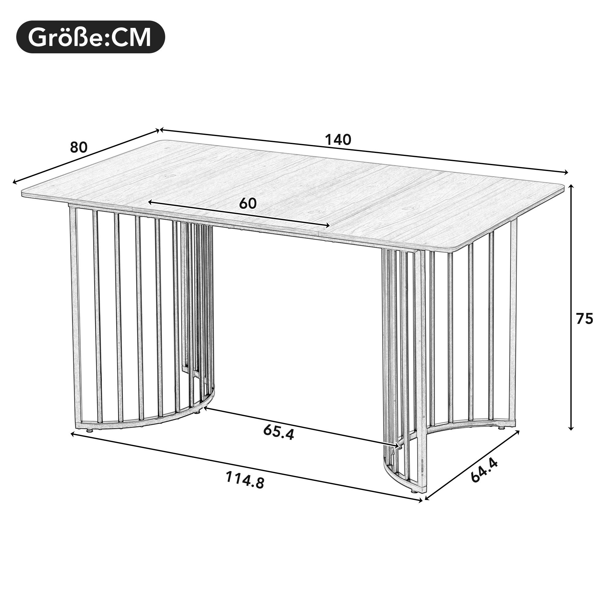 Holztisch mit schwarzen Metallbeinen, Abmessungen und Etiketten werden angezeigt.