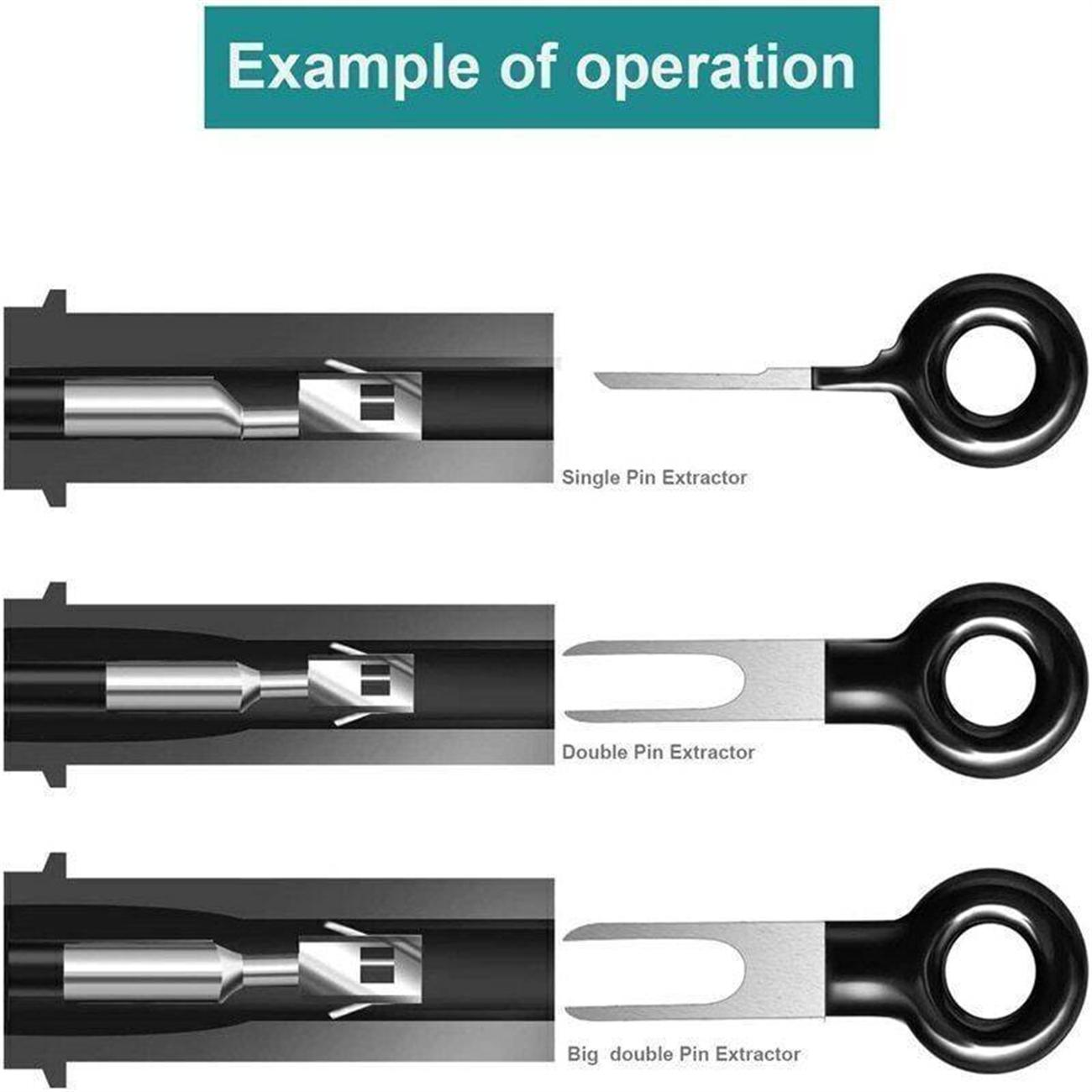 Diagramme, die verschiedene Stiftextraktoren beim Entfernen von Klemmen zeigen.