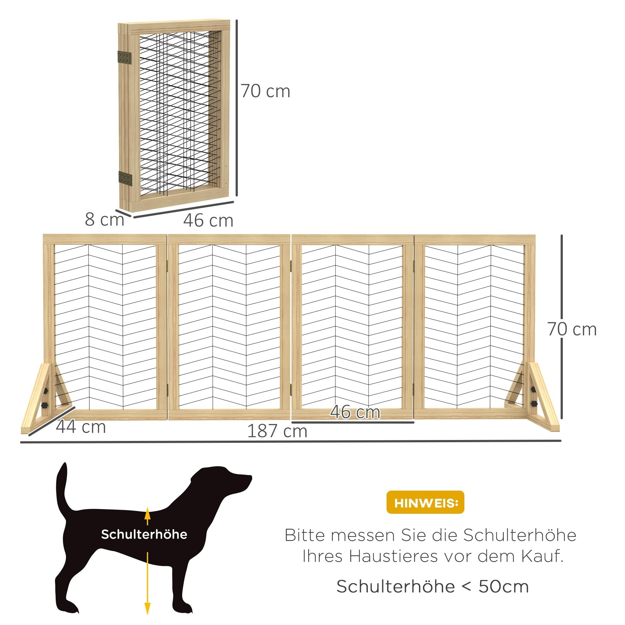 Holz-Haustiergitter mit Abmessungen und einer Hunde-Silhouette, mit Text zum Messen der Schulterhöhe.