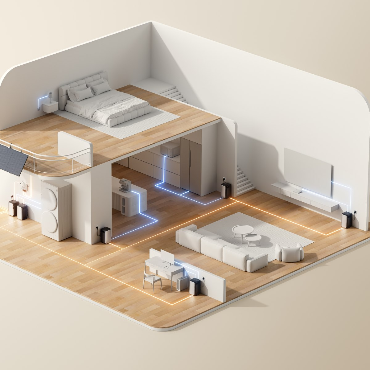Isometrische Ansicht eines modernen Hauses mit Kraftwerken, Sonnenkollektoren und Smart-Home-Setup.