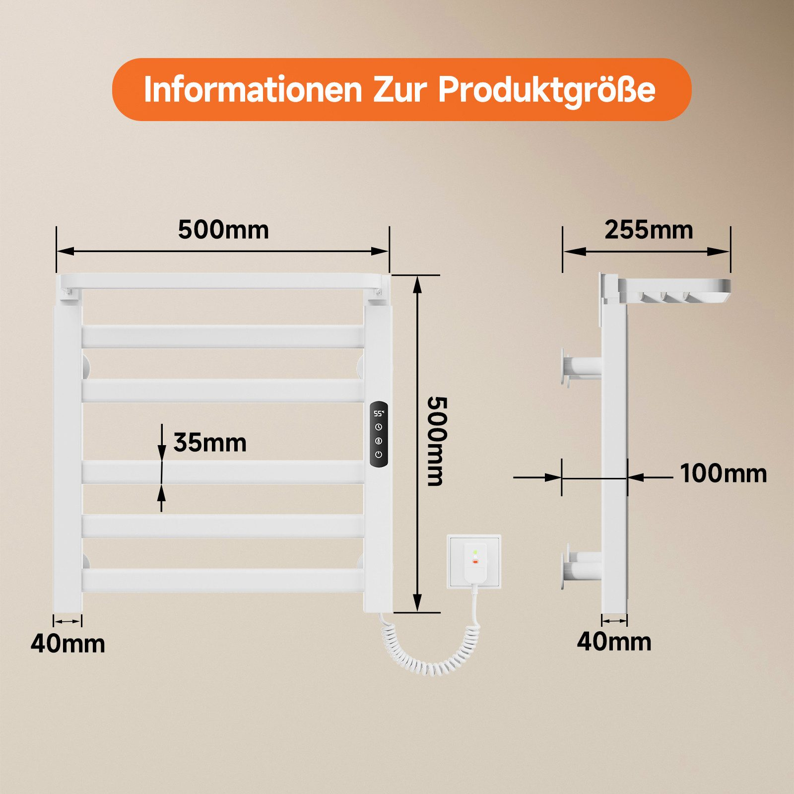 Diagramm eines Handtuchwärmers mit Abmessungen. 500 mm Breite, 500 mm Höhe und 255 mm Tiefe.