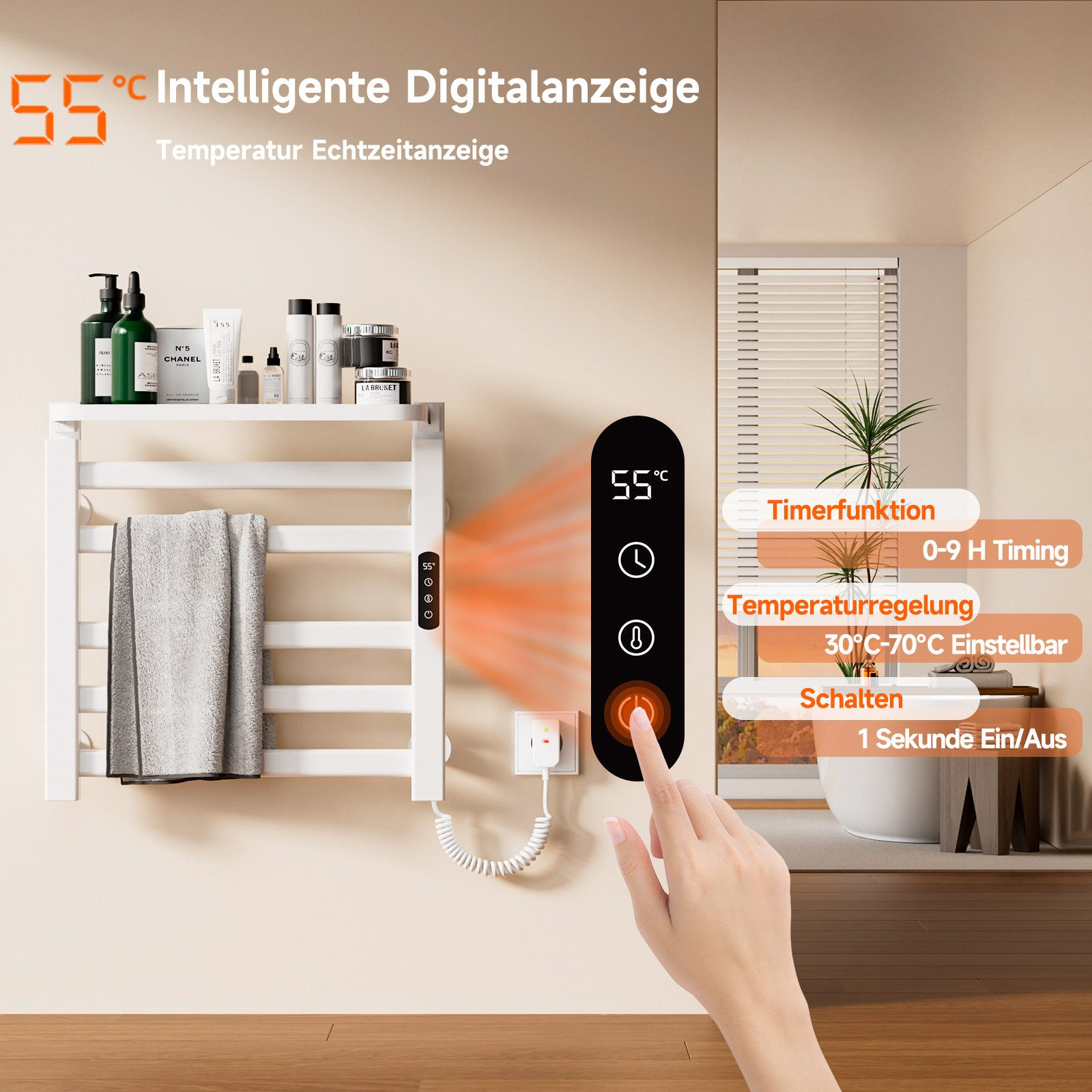 Moderner Handtuchwärmer in einem Badezimmer. Digitalanzeige zeigt Temperatur. Hand bedient.