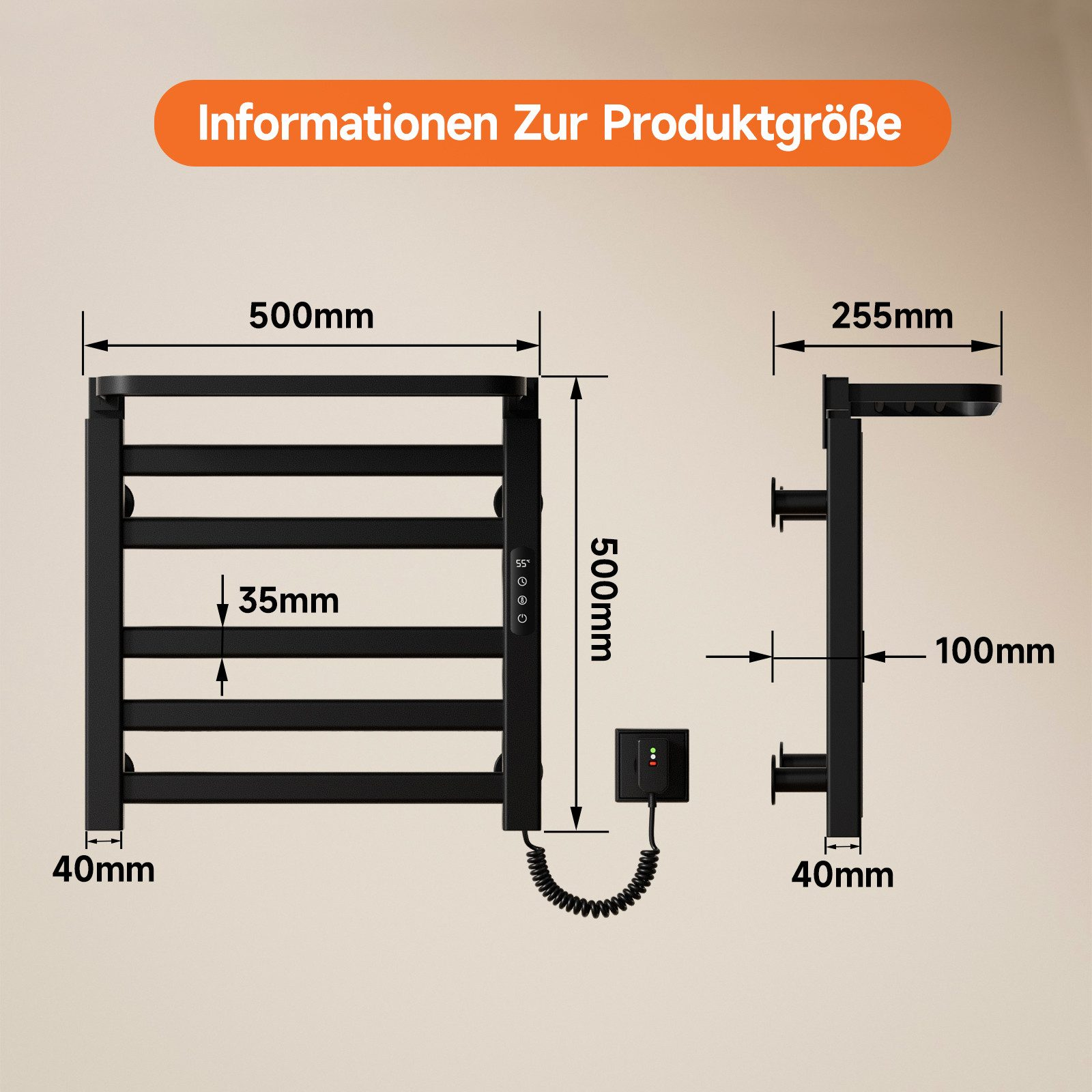 Diagramm eines schwarzen Handtuchwärmers mit Maßen. 500mm breit, 500mm hoch, 255mm tief.