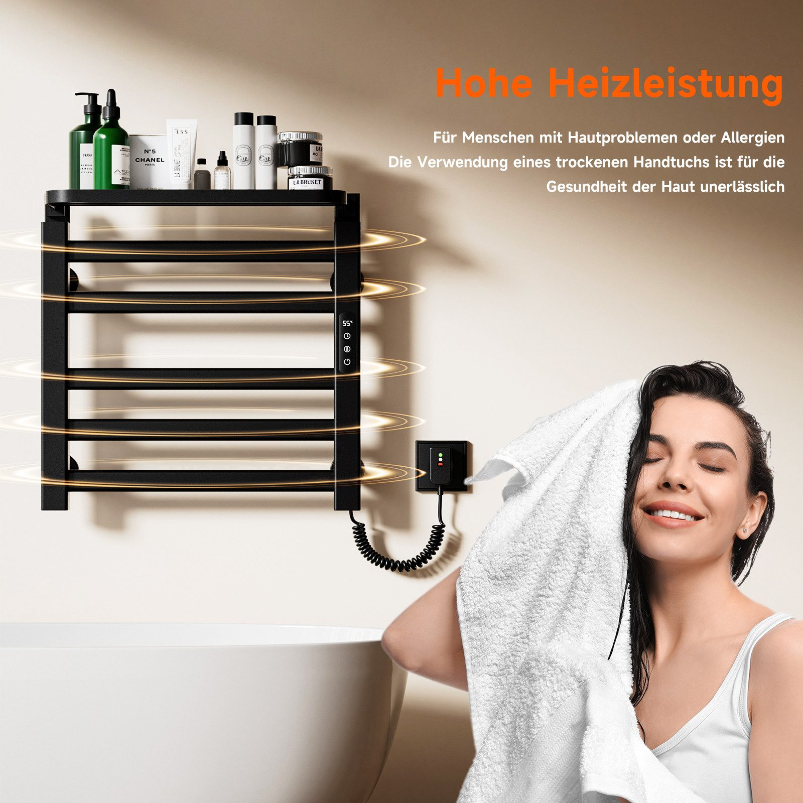 Frau trocknet ihr Gesicht mit einem Handtuch in der Nähe eines beheizten Handtuchhalters über einer Badewanne. Text auf Deutsch sichtbar.