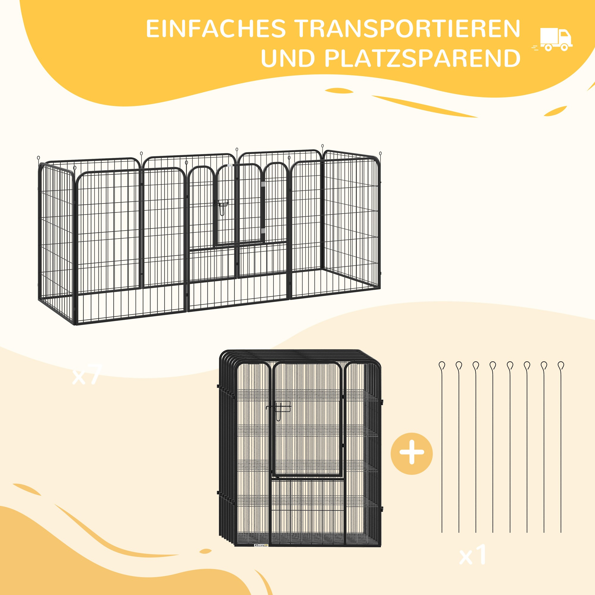 Schwarzes Metall-Haustiergehege, in zwei Ansichten mit Zubehör. Text: 'Einfaches Transportieren'.