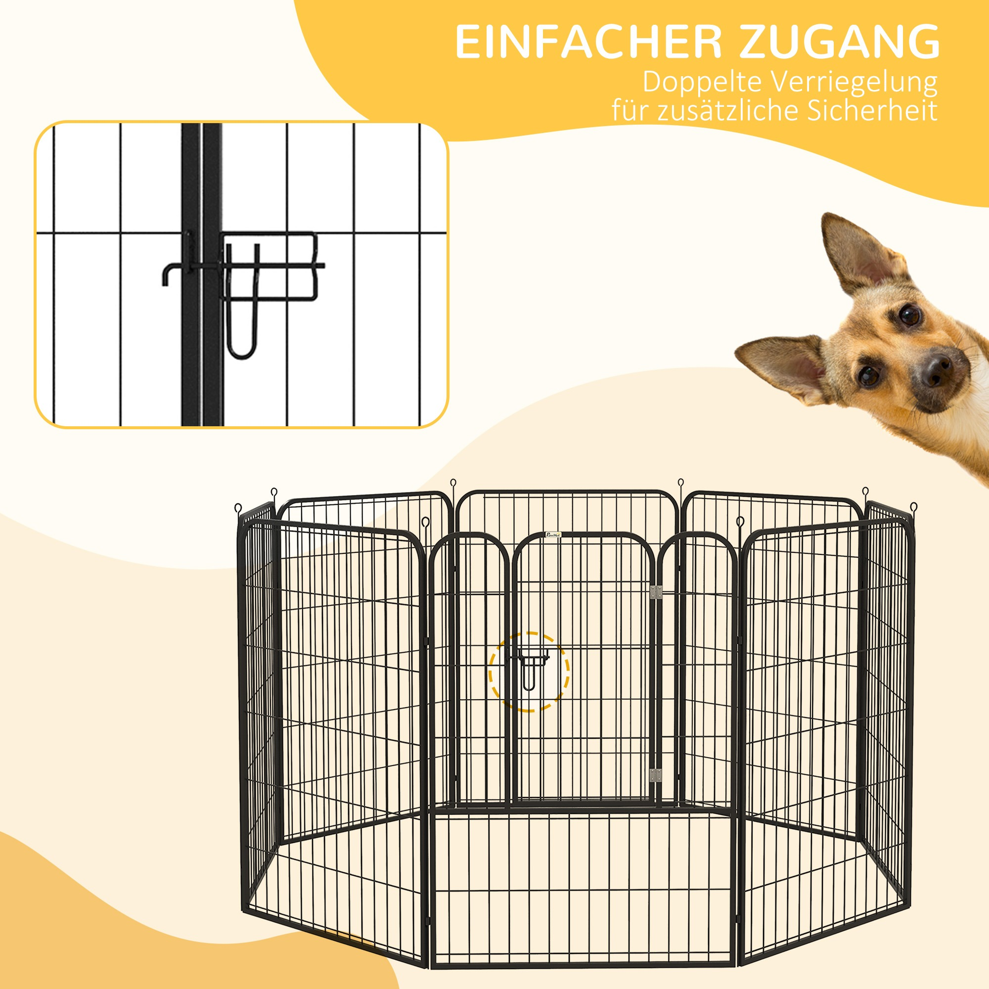Ein Hund, der über den Zaun späht. Der Zaun ist ein schwarzes Metallgehege. Es gibt Text auf Deutsch und Englisch.