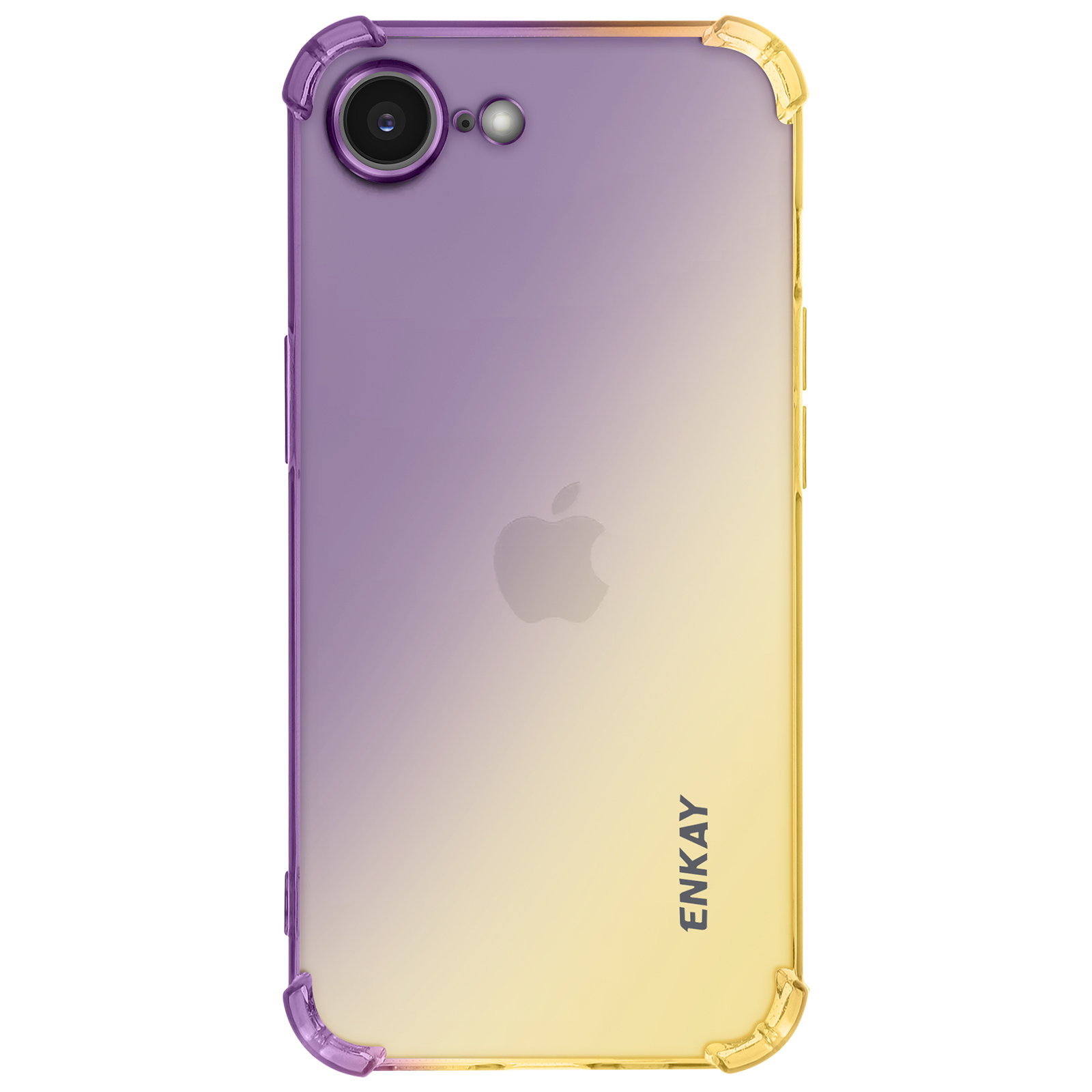 Une coque de téléphone avec un design transparent. La coque a des couleurs jaune et violet. L'écran du téléphone est noir.