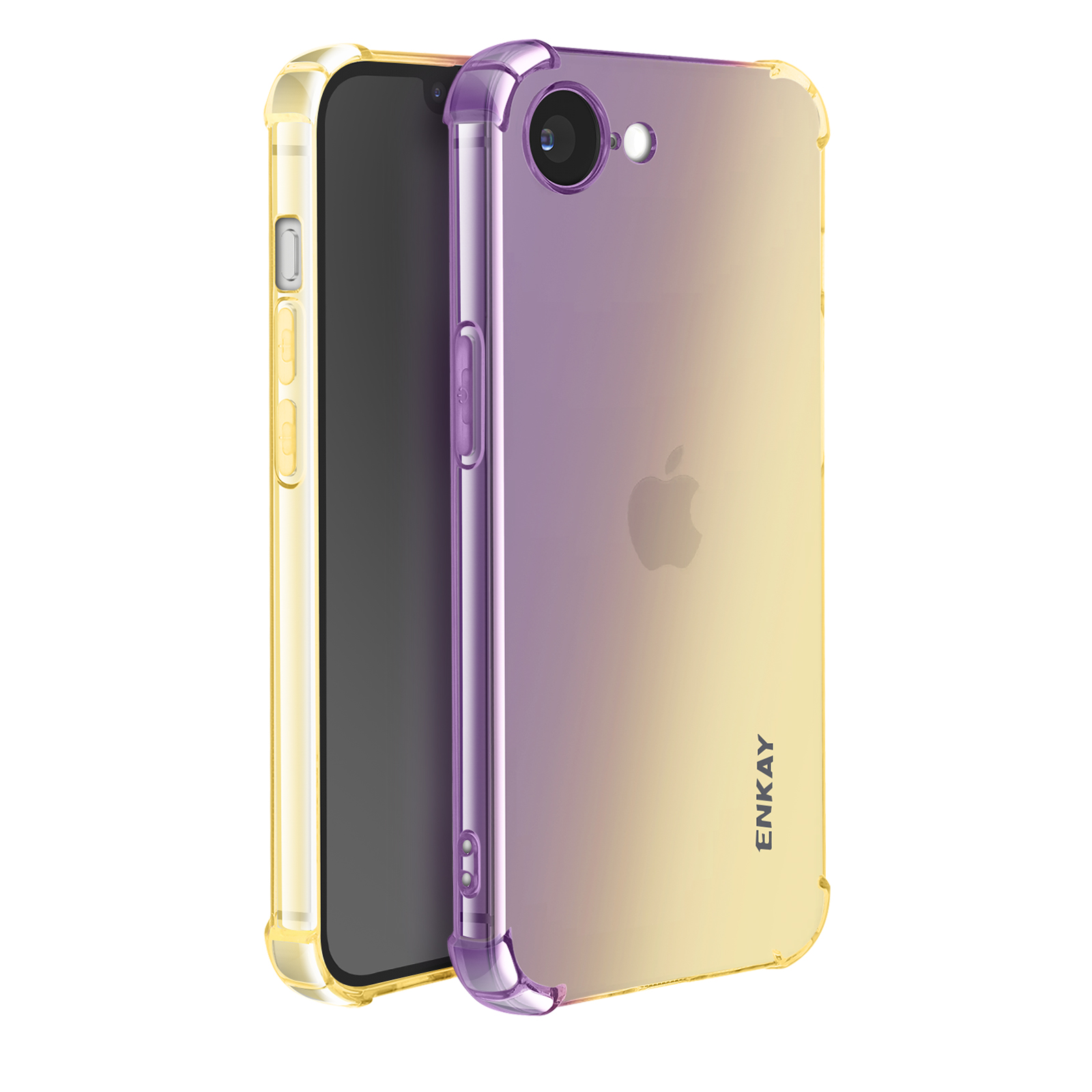 Deux coques de téléphone. Une jaune, l'autre violette, toutes deux avec un design transparent. Les écrans du téléphone sont noirs.