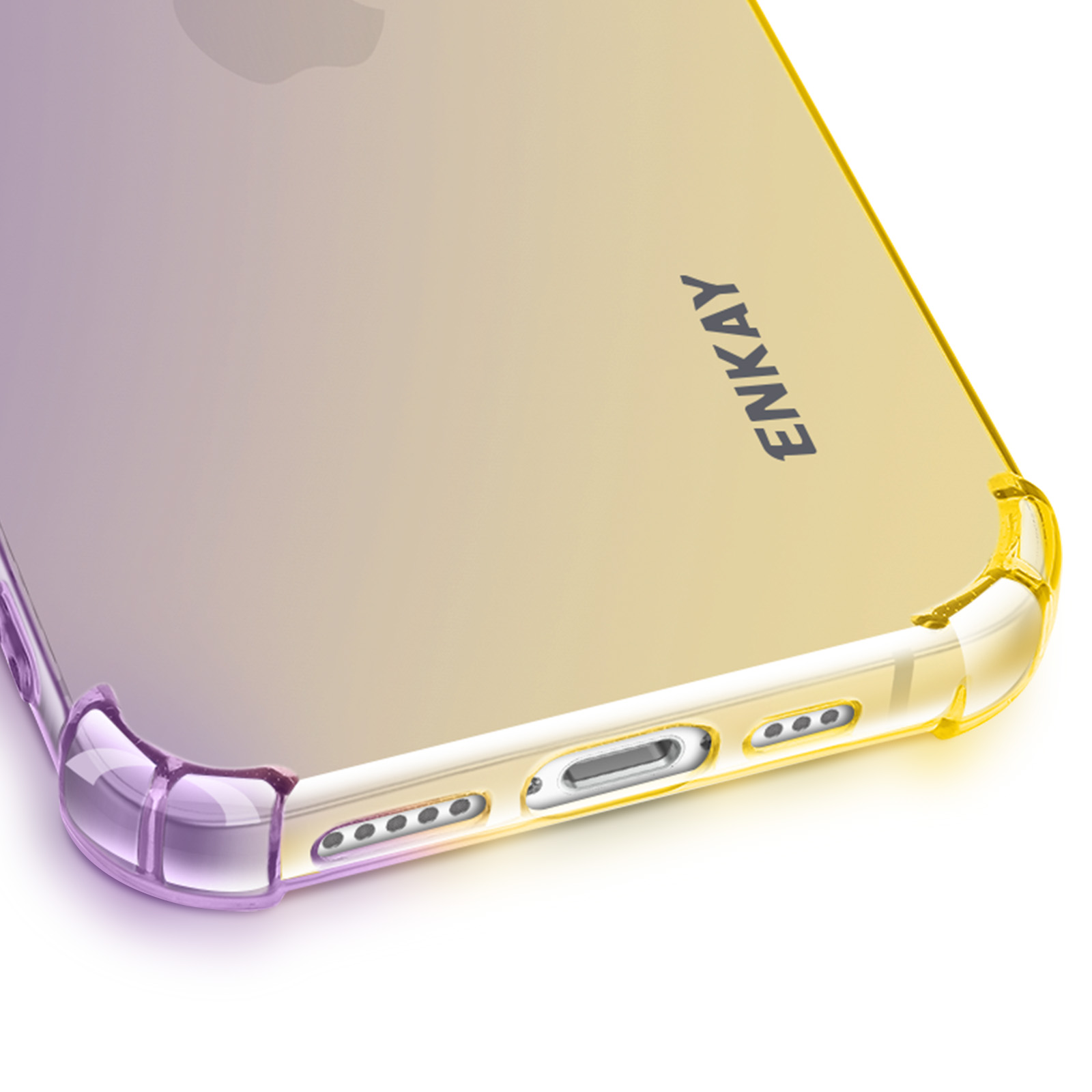 Gros plan sur une coque de téléphone. La coque est transparente avec des couleurs jaune et violet. La marque 'ENKAY' est visible.