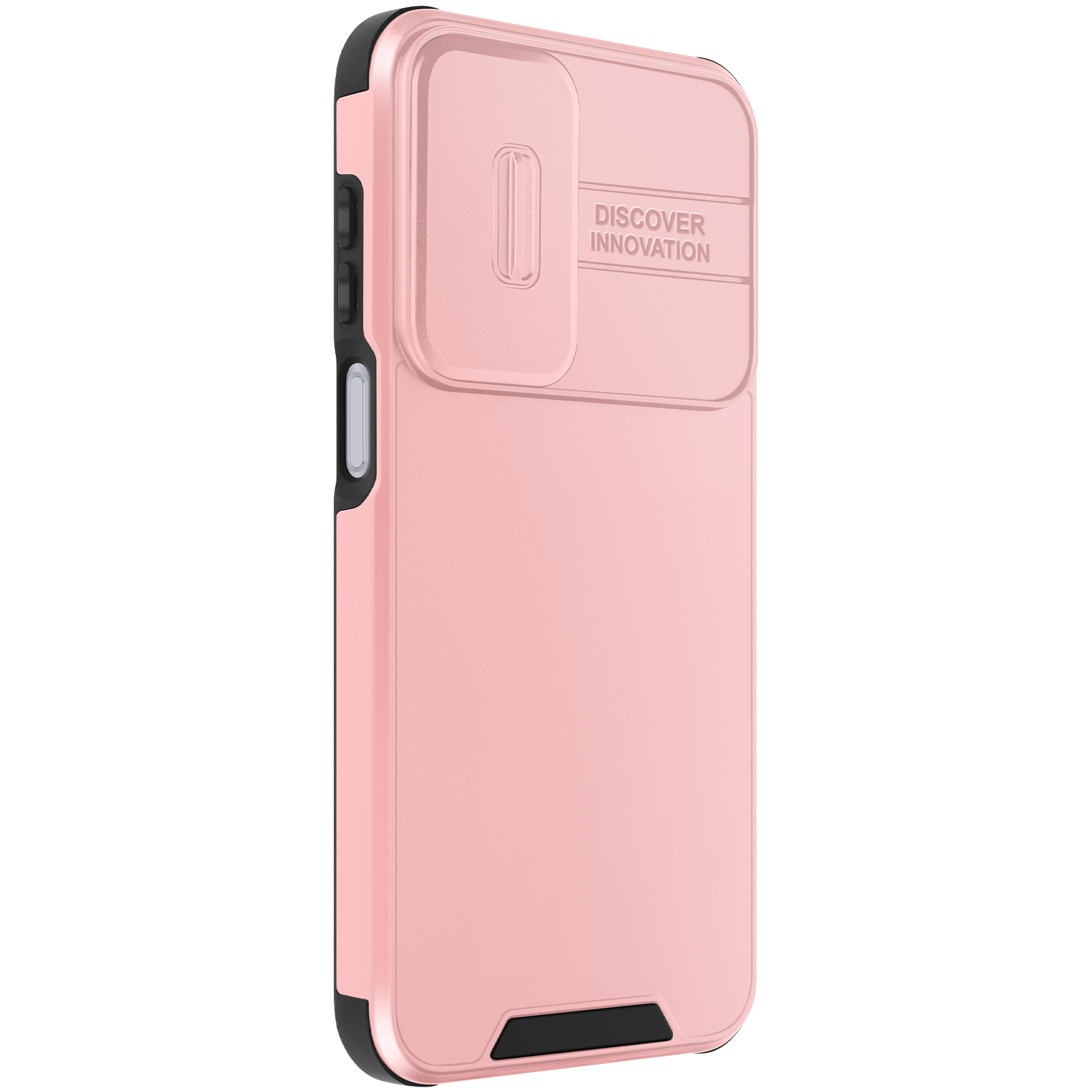 Custodia per telefono rosa con copertura per fotocamera. Accenti neri. La custodia dice: "SCOPRI L'INNOVAZIONE".