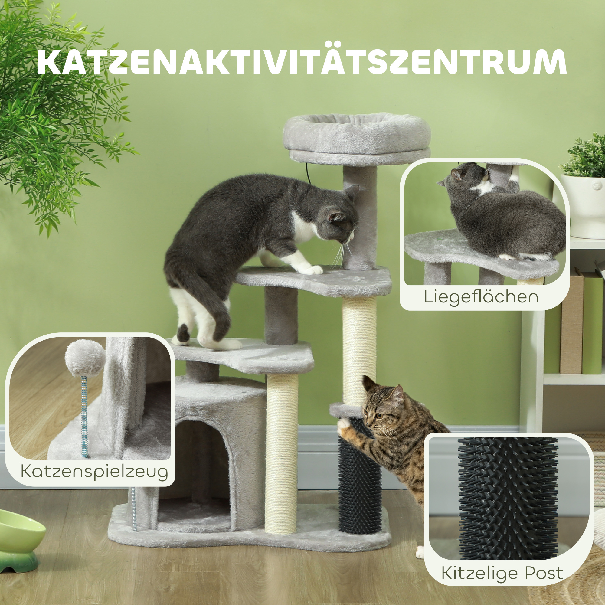 Kratzbaum mit Katzen. Text auf Deutsch: 'KATZENAKTIVITÄTSZENTRUM' mit Nahaufnahmen.