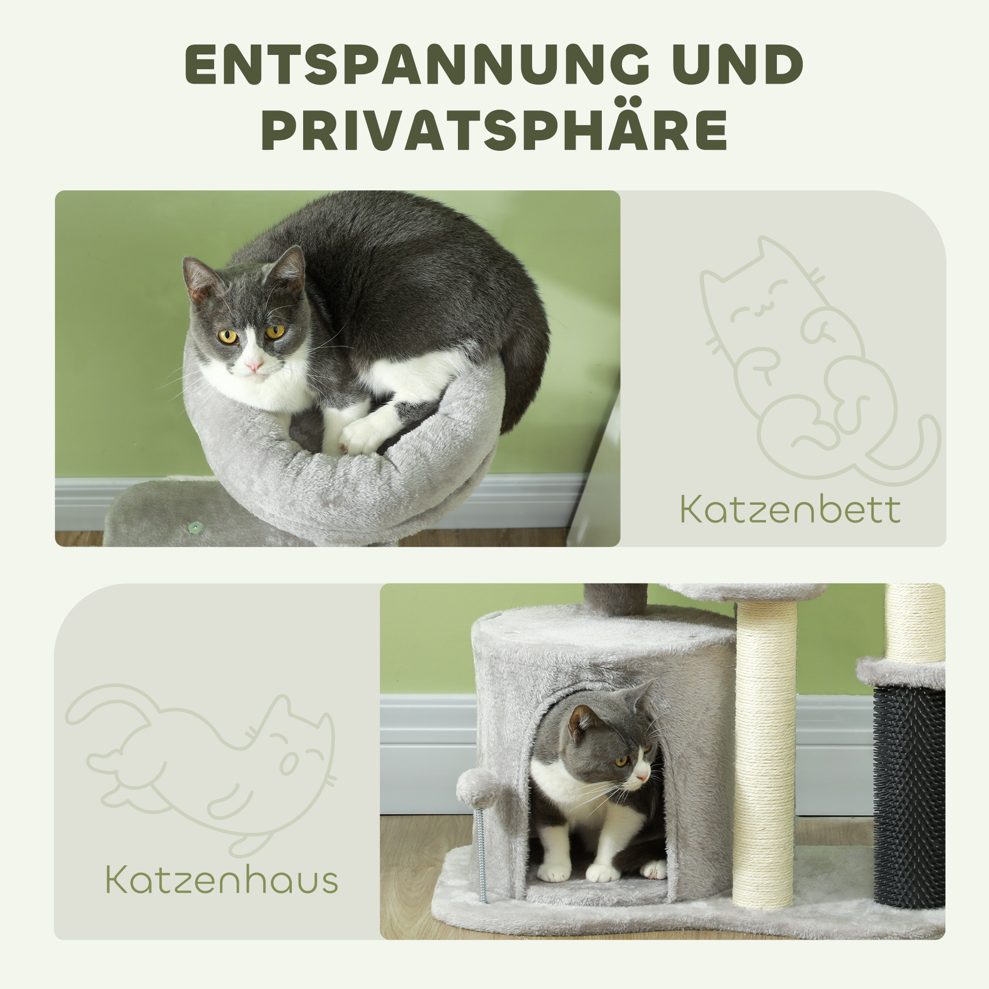 Katze auf Katzenbaum. Text-Overlay. Graue Katze. Katzenhaus. Kratzbäume. Bilder mit deutschem Text.