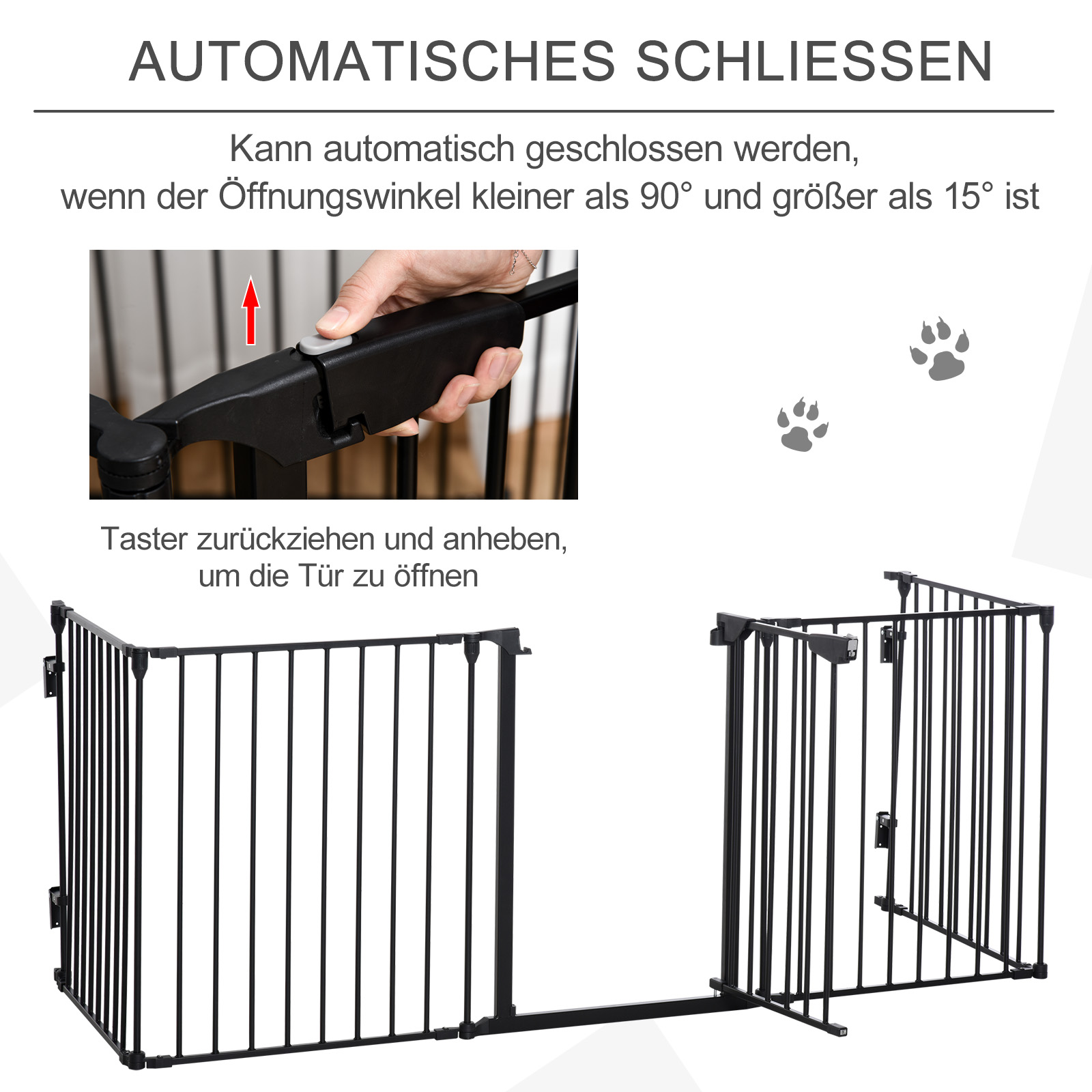 Schwarzes Metall-Haustiertor, mit Anweisungen zum automatischen Schließen und Öffnen.
