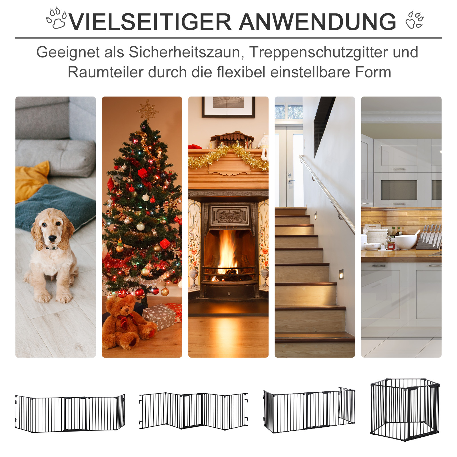 Haustiertor in verschiedenen Umgebungen: Wohnzimmer, Weihnachtsbaum, Kamin, Treppe, Küche.