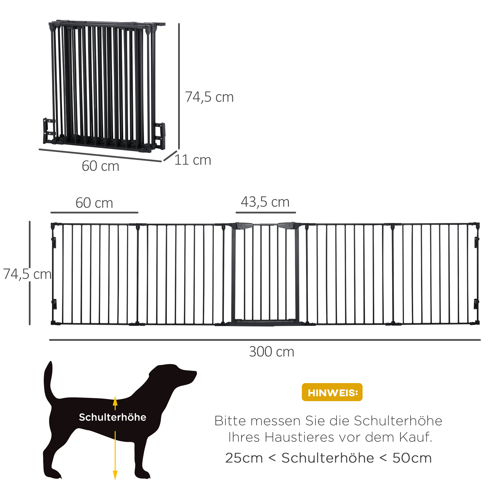 Schwarzes Metall-Haustiertor, verschiedene Konfigurationen und Abmessungen. Inkl. Hundesilhouette.