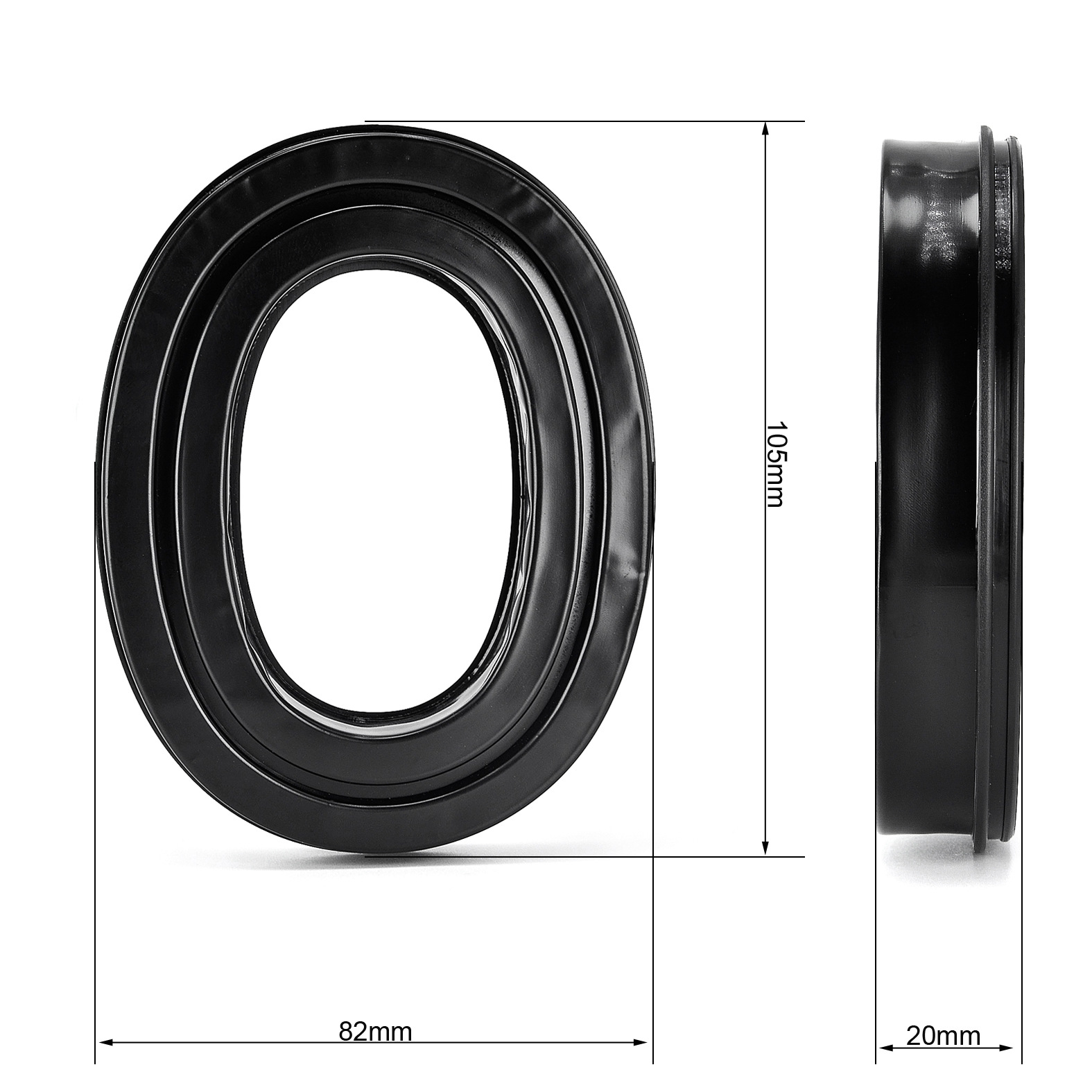 Un cuscinetto auricolare in gomma nera piatta, con dimensioni etichettate. La vista laterale mostra lo spessore. Sfondo bianco.