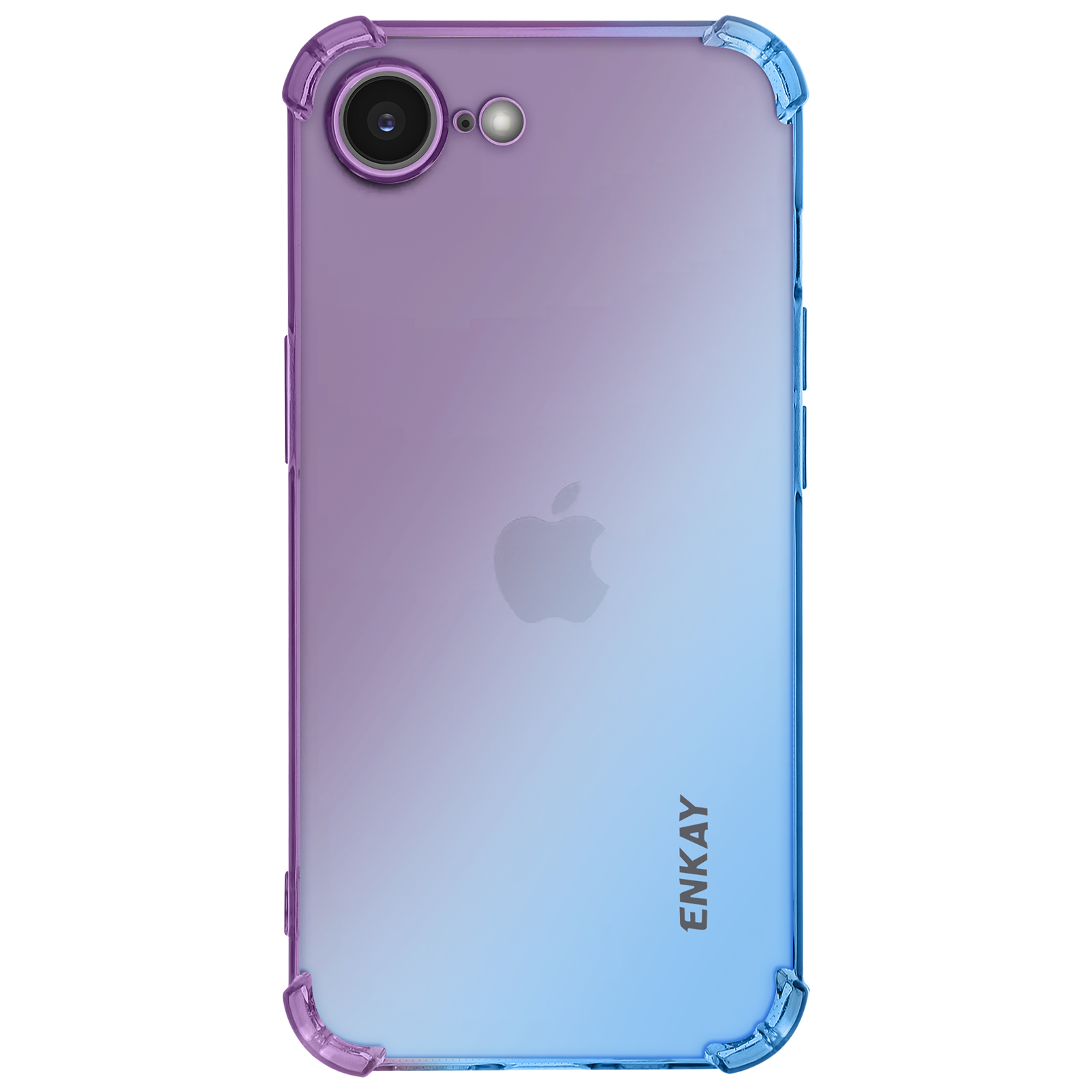 Transparante iPhone-hoes met paarse en blauwe verlopen. Apple-logo zichtbaar.