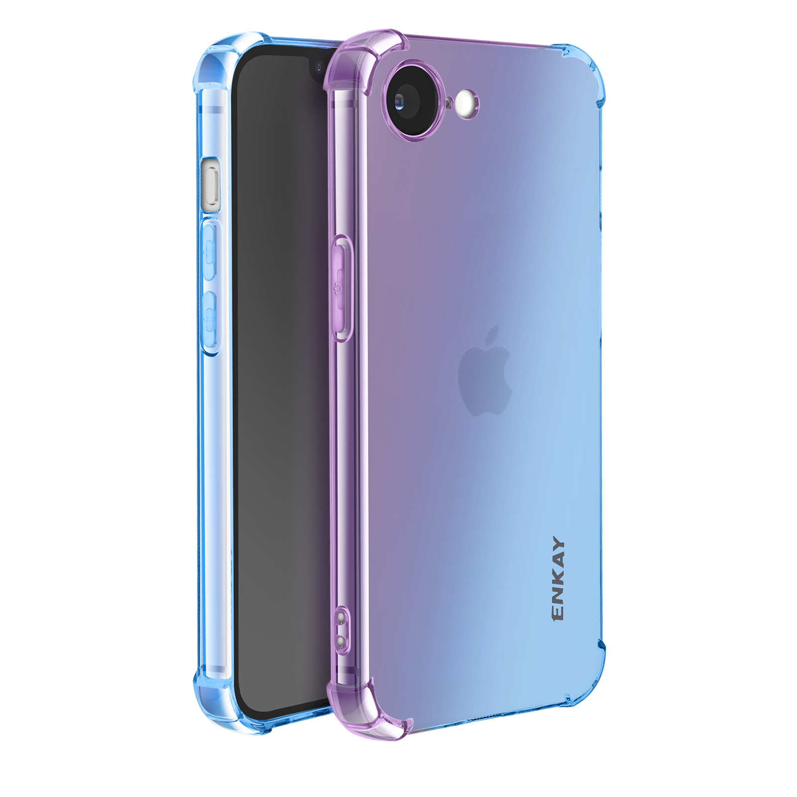 Telefoonhoesje met blauwe en paarse gradiënt. Telefoon zit erin. Enkay merk zichtbaar.