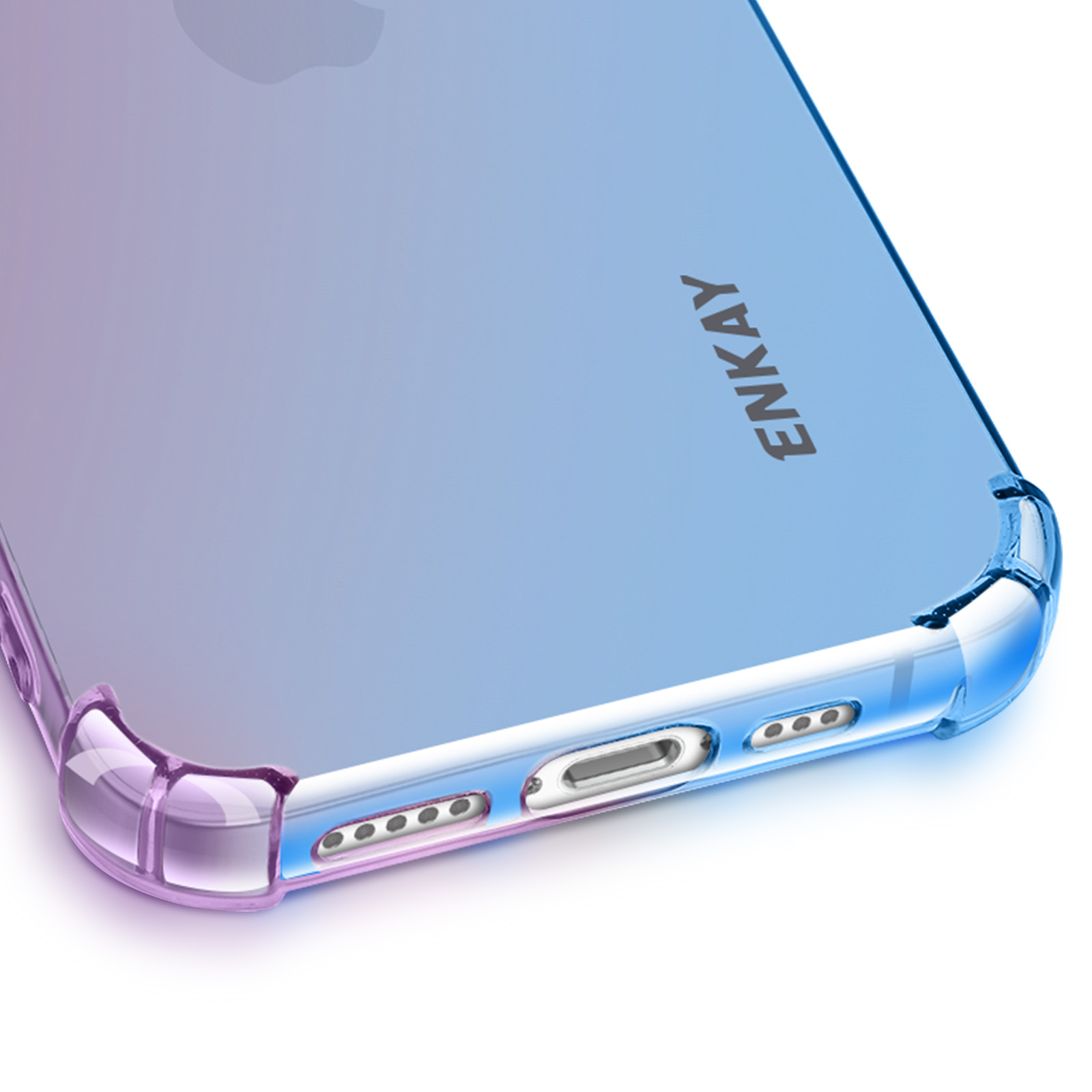 Een close-up van een doorzichtige telefoonhoes met een blauw-paarse gradiënt op een witte achtergrond.