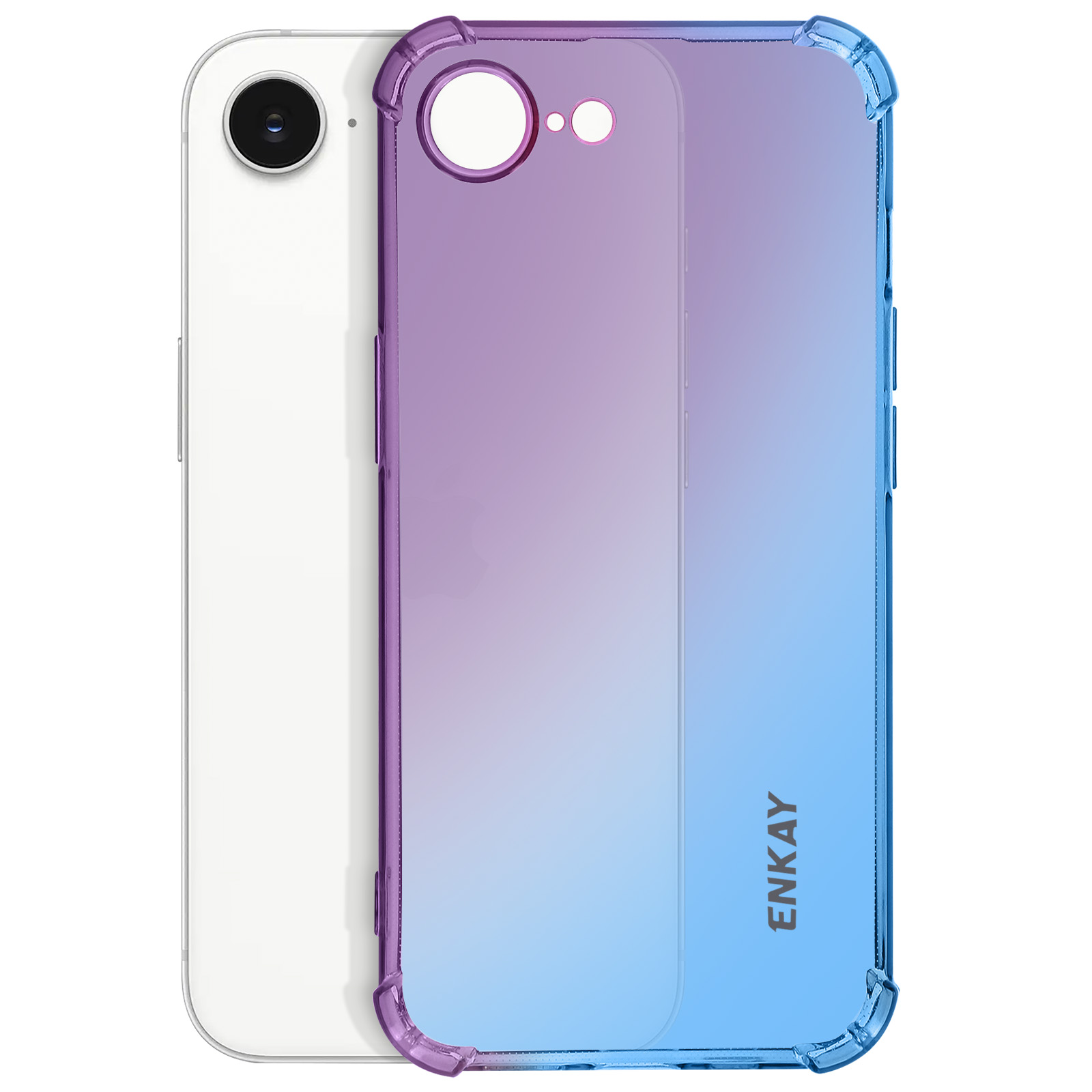 Telefoonhoesje met blauwe en paarse gradiënt. Telefoon zit erin. Enkay merk zichtbaar.