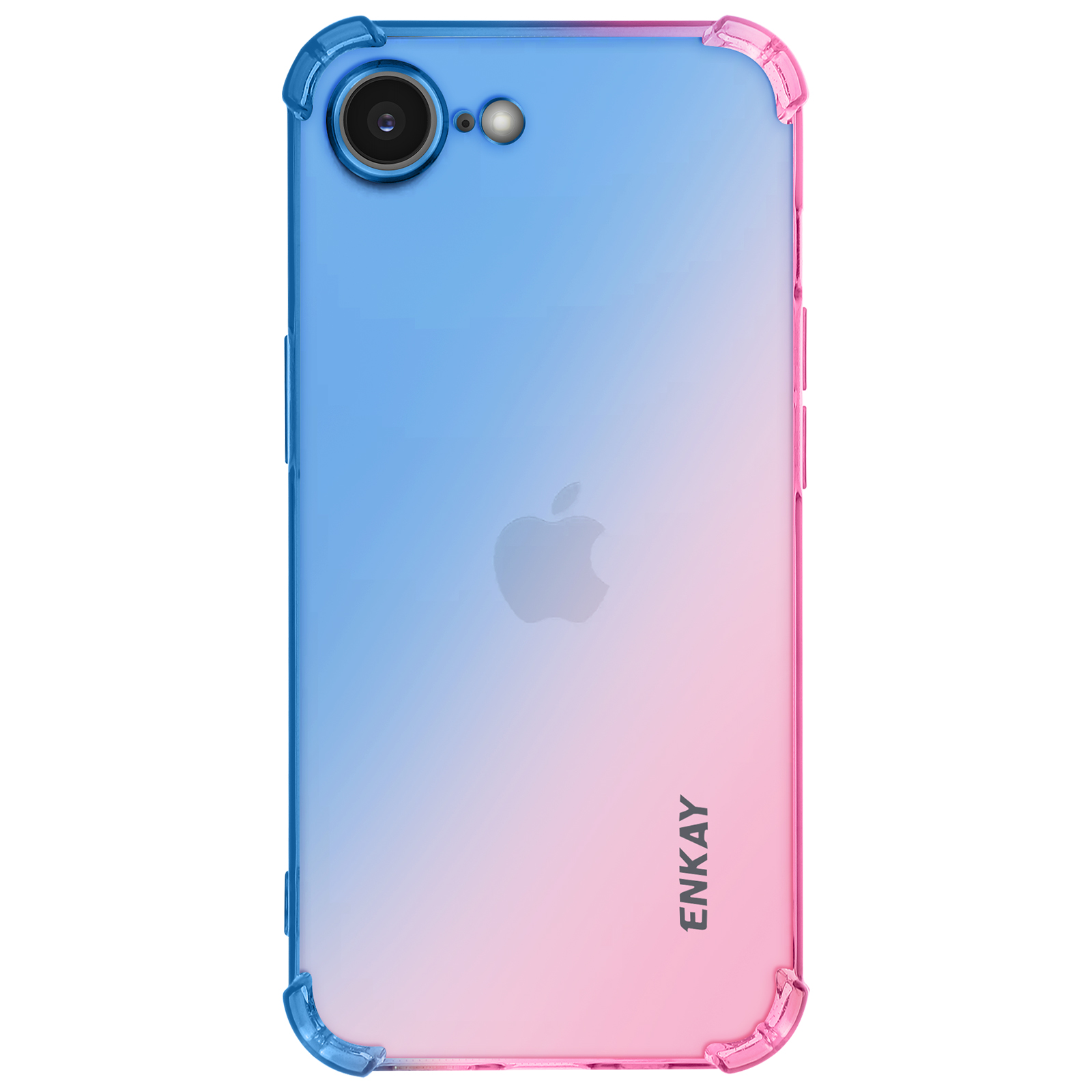 Une coque de téléphone avec un dégradé bleu à rose, fond blanc. L'objectif de la caméra est visible.