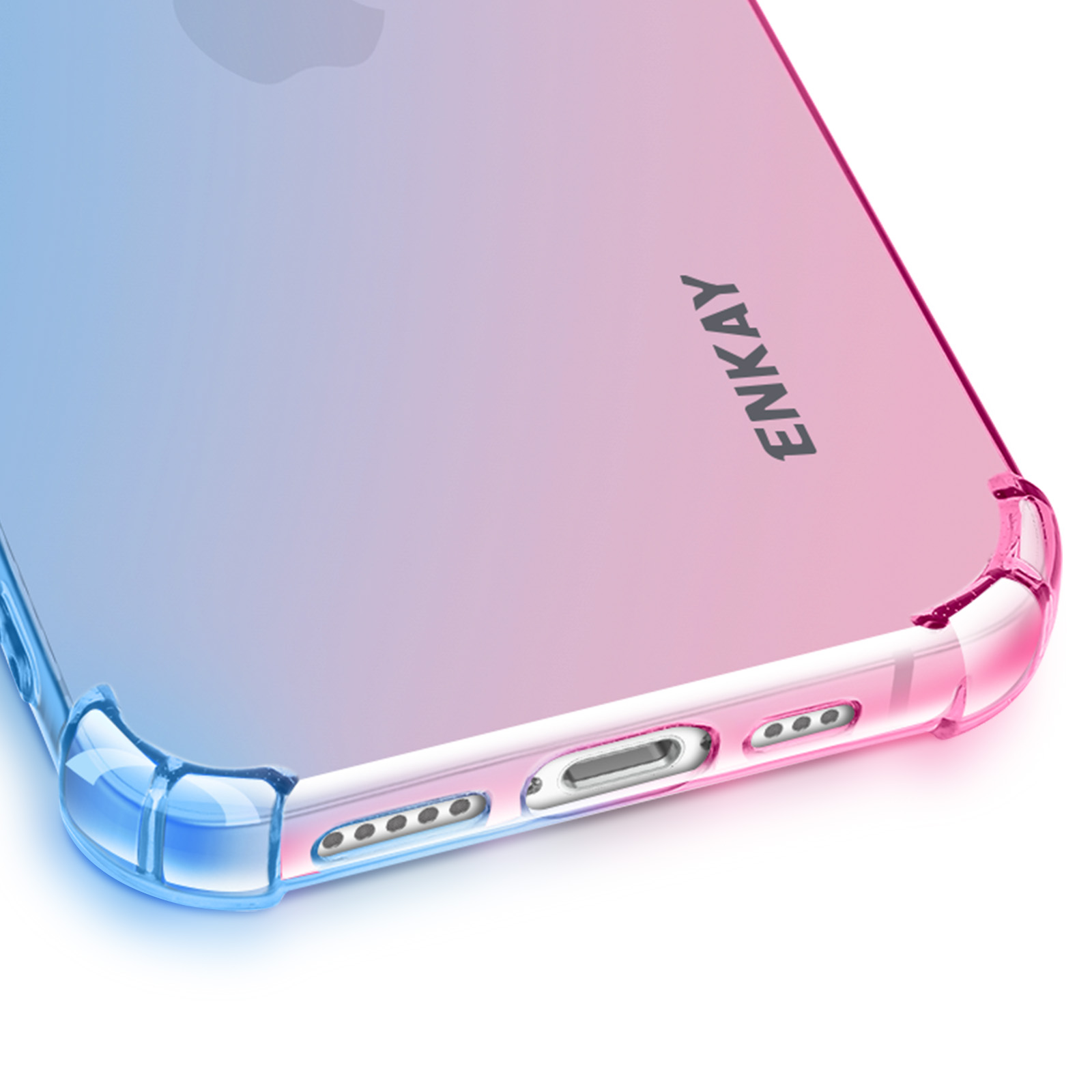 Gros plan sur une coque de téléphone avec un dégradé bleu à rose. Marque Enkay visible.