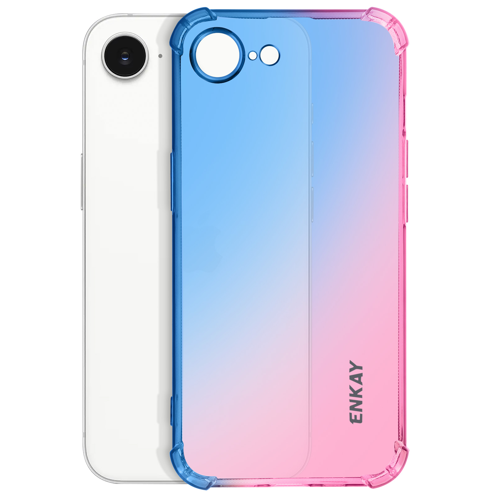 Coque de téléphone avec dégradé bleu et rose. Le téléphone est à l'intérieur. Marque Enkay visible.