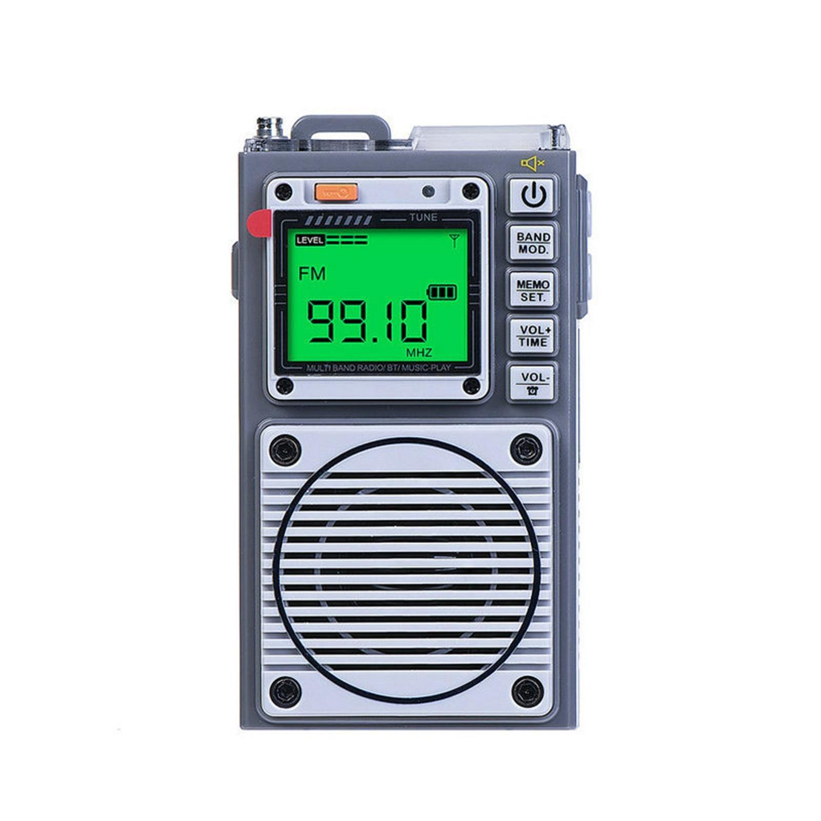 Ein graues Radio mit grünem Bildschirm, der 99,10 MHz anzeigt, mit Knöpfen und Lautsprecher.