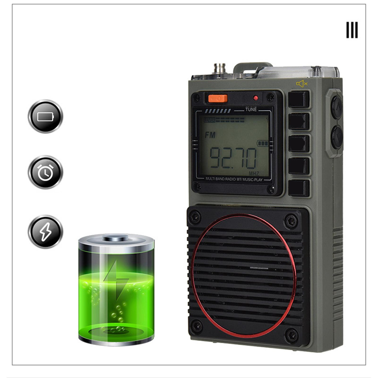 Ein graues Radio mit grünem Bildschirm, der 92,70 MHz anzeigt, und ein grünes Batteriesymbol.