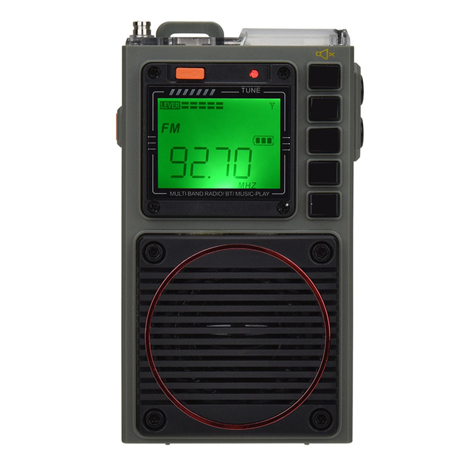 Graues Radio im Retro-Stil mit grünem Display. Zeigt die Frequenz 92,70 MHz.