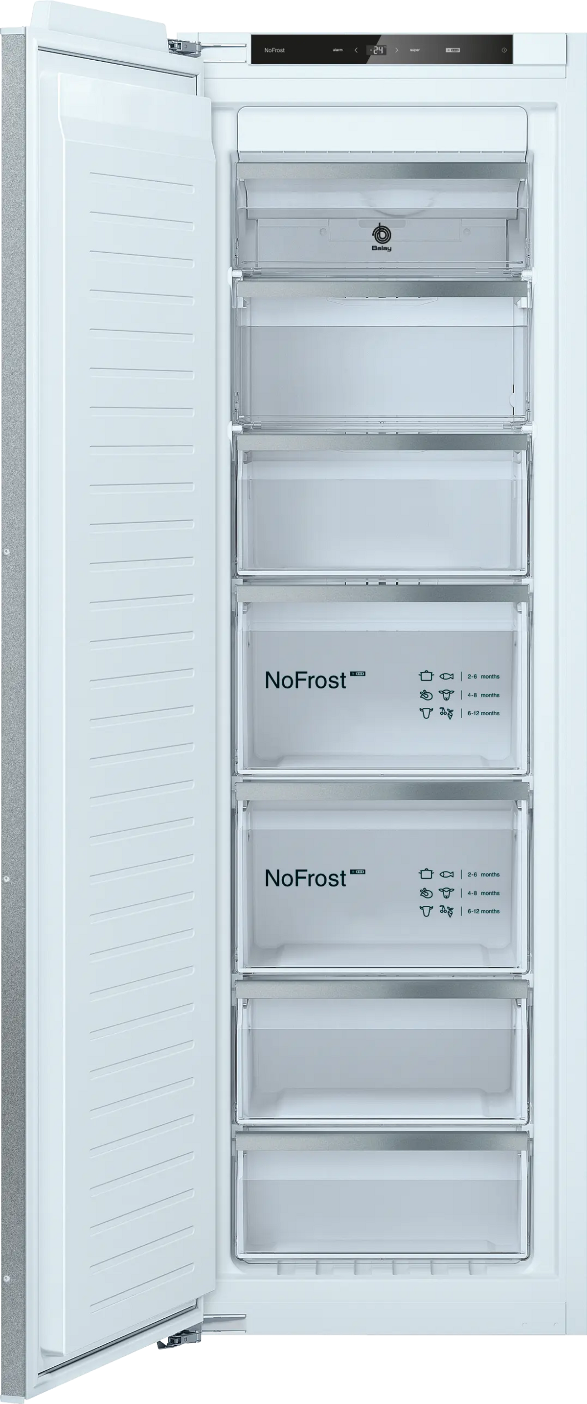 Biała zamrażarka z otwartymi drzwiami, widoczne szuflady. Przezroczyste fronty szuflad, etykieta NoFrost.