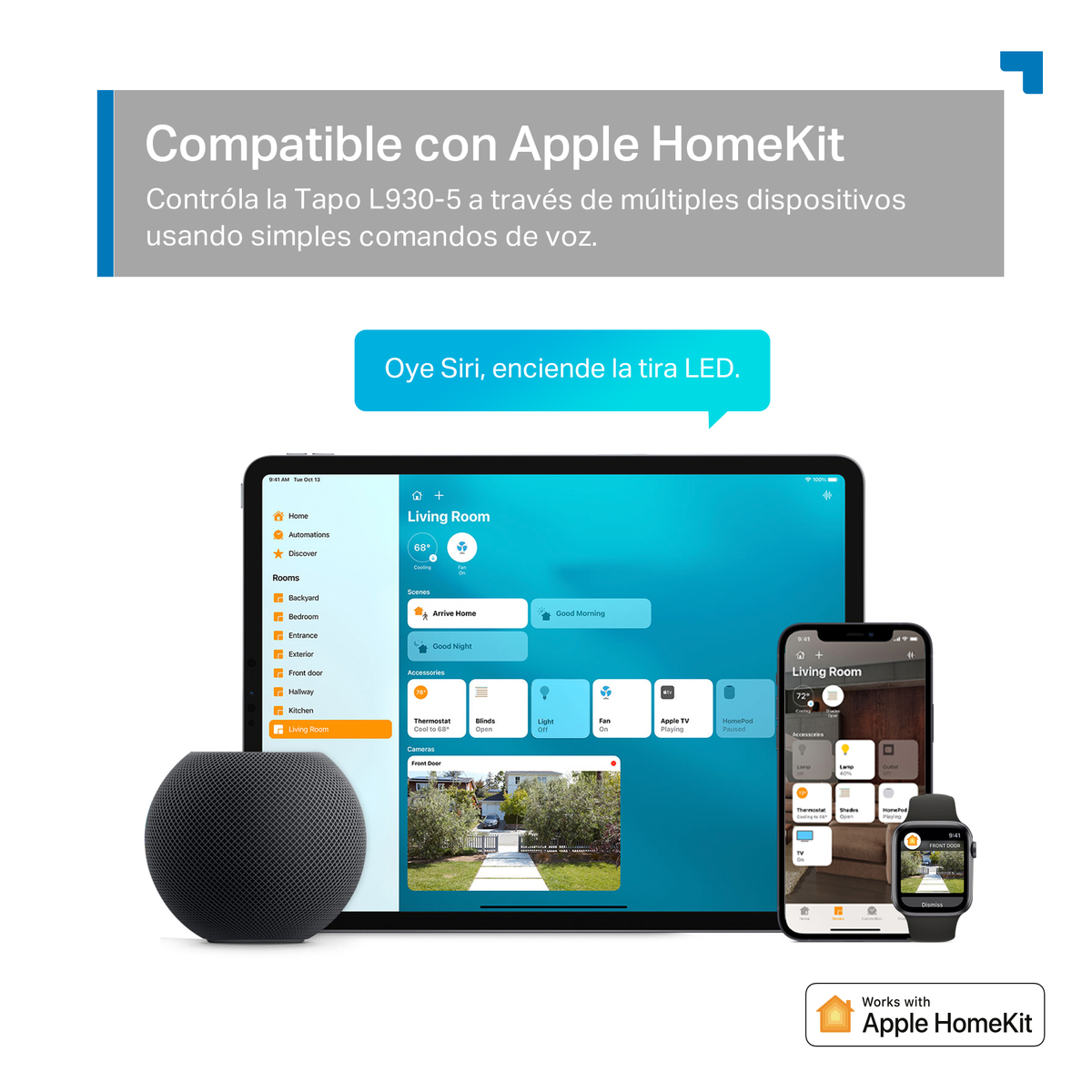 Appareils sur la table : tablette, téléphone et haut-parleur intelligent. Texte : 'Compatible con Apple HomeKit'.