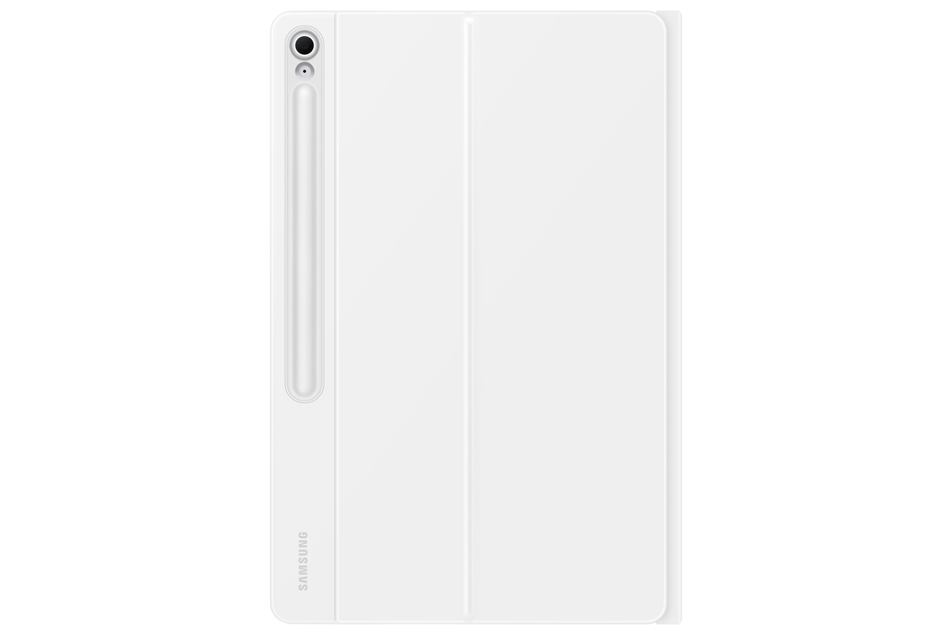 Biały tablet z dołączonym rysikiem, zamknięty i skierowany w górę. Widoczne logo Samsung.