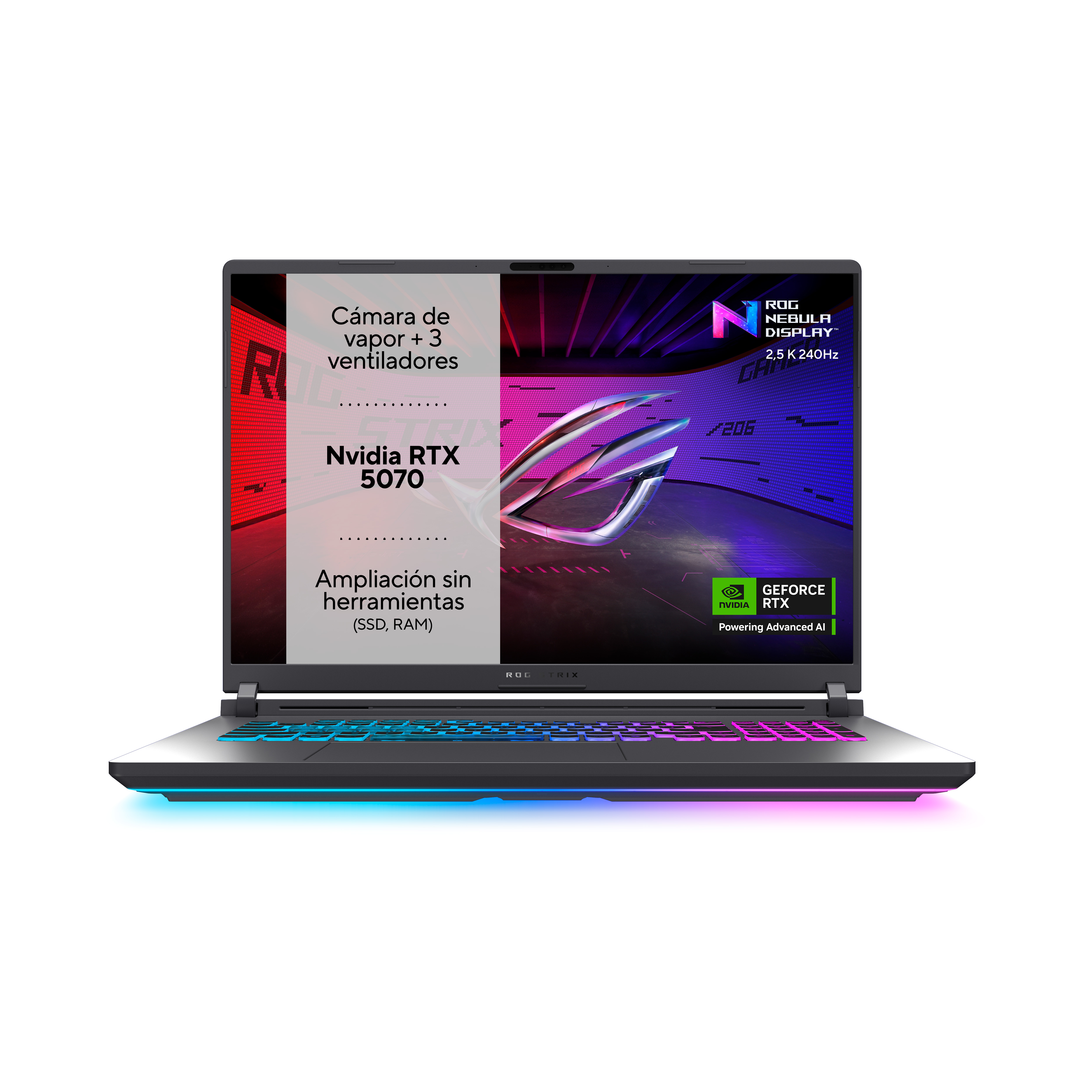 Portátil con interfaz de juego. Cuenta con Nvidia RTX 5070 y el logotipo de ROG.