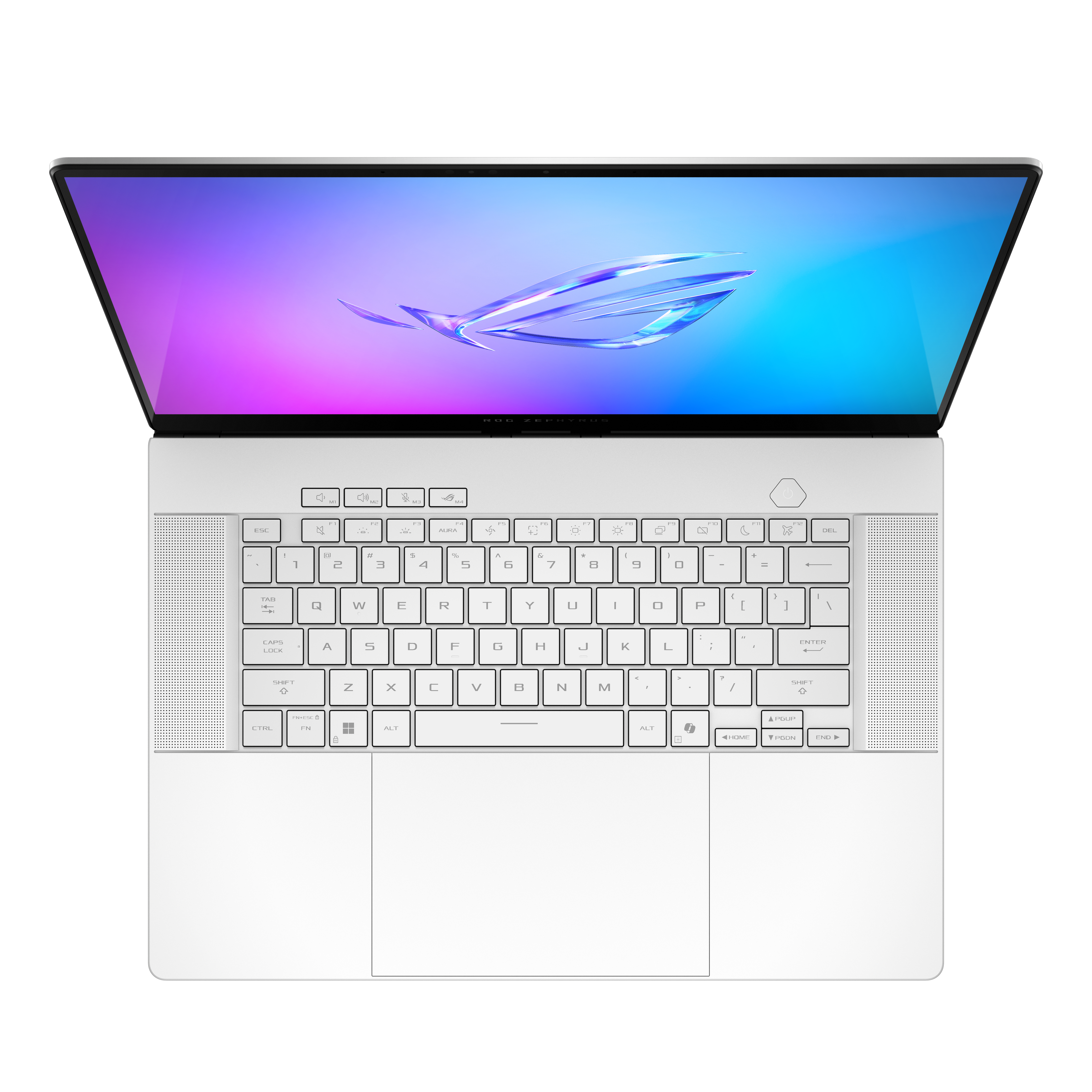 Vista superior de un portátil blanco con teclado y pantalla con interfaz colorida.