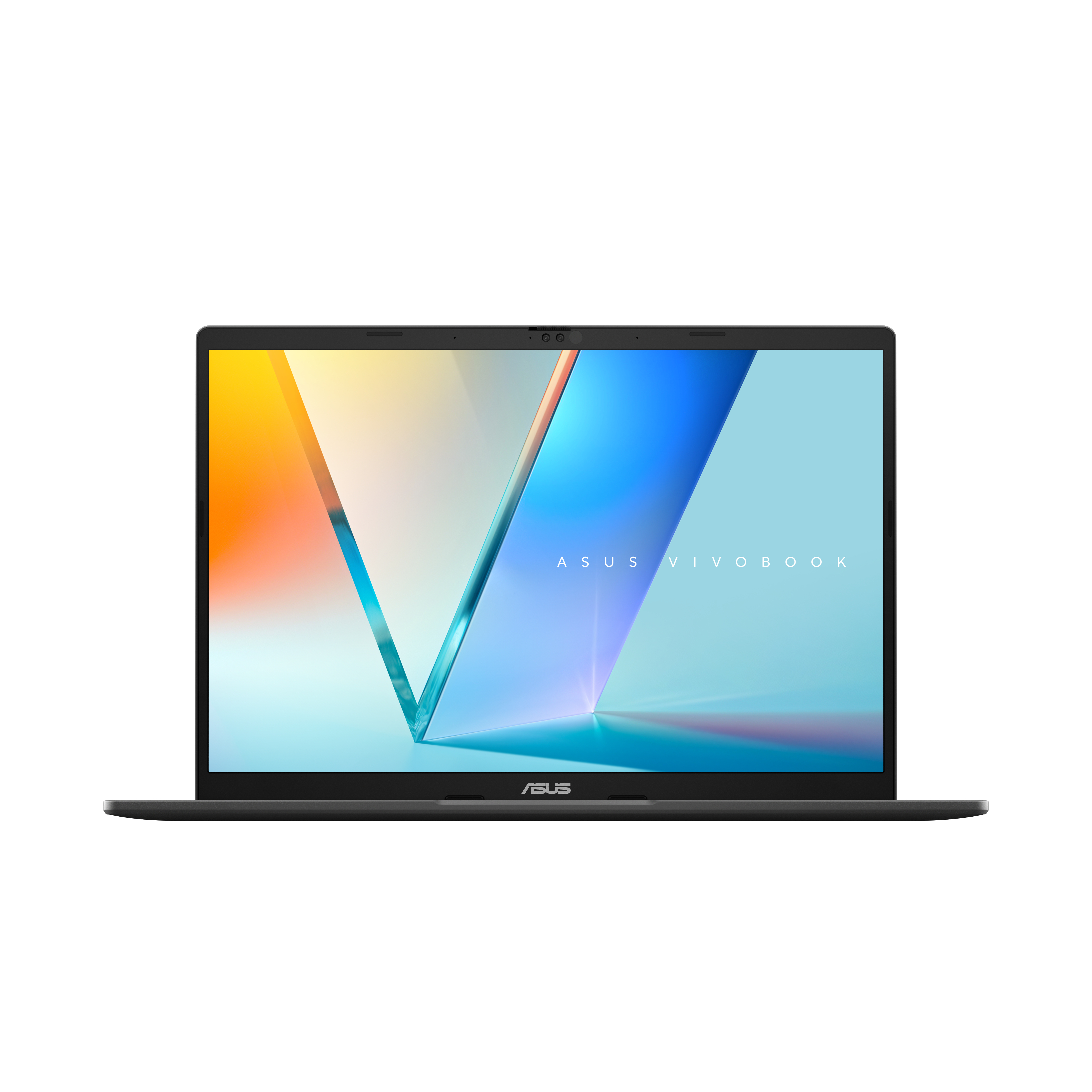 Black laptop with a colorful screen, the word ASUS VIVOBOOK is visible on the screen.
