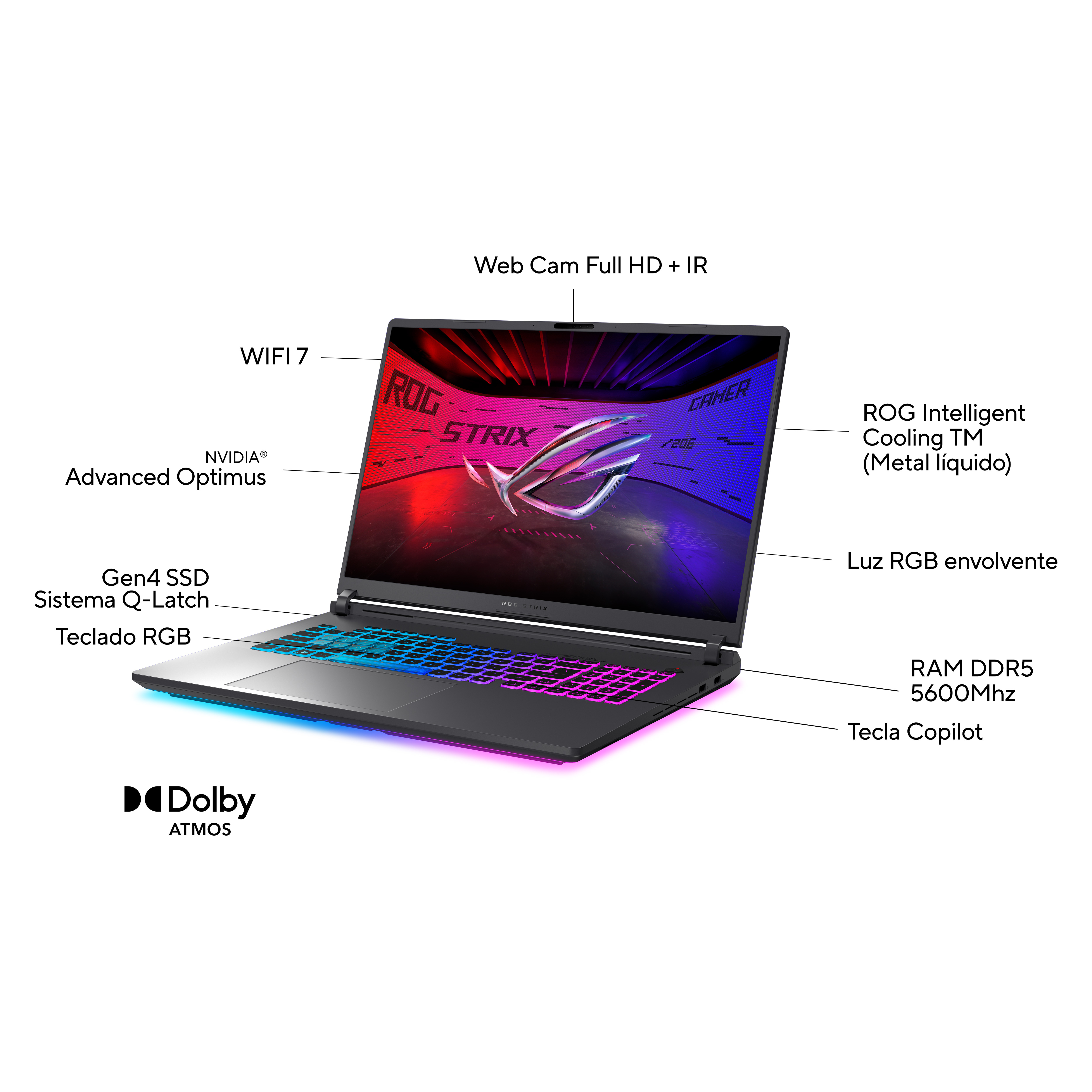 Laptop negro con etiquetas. Muestra ROG STRIX, WIFI 7 y otros componentes.