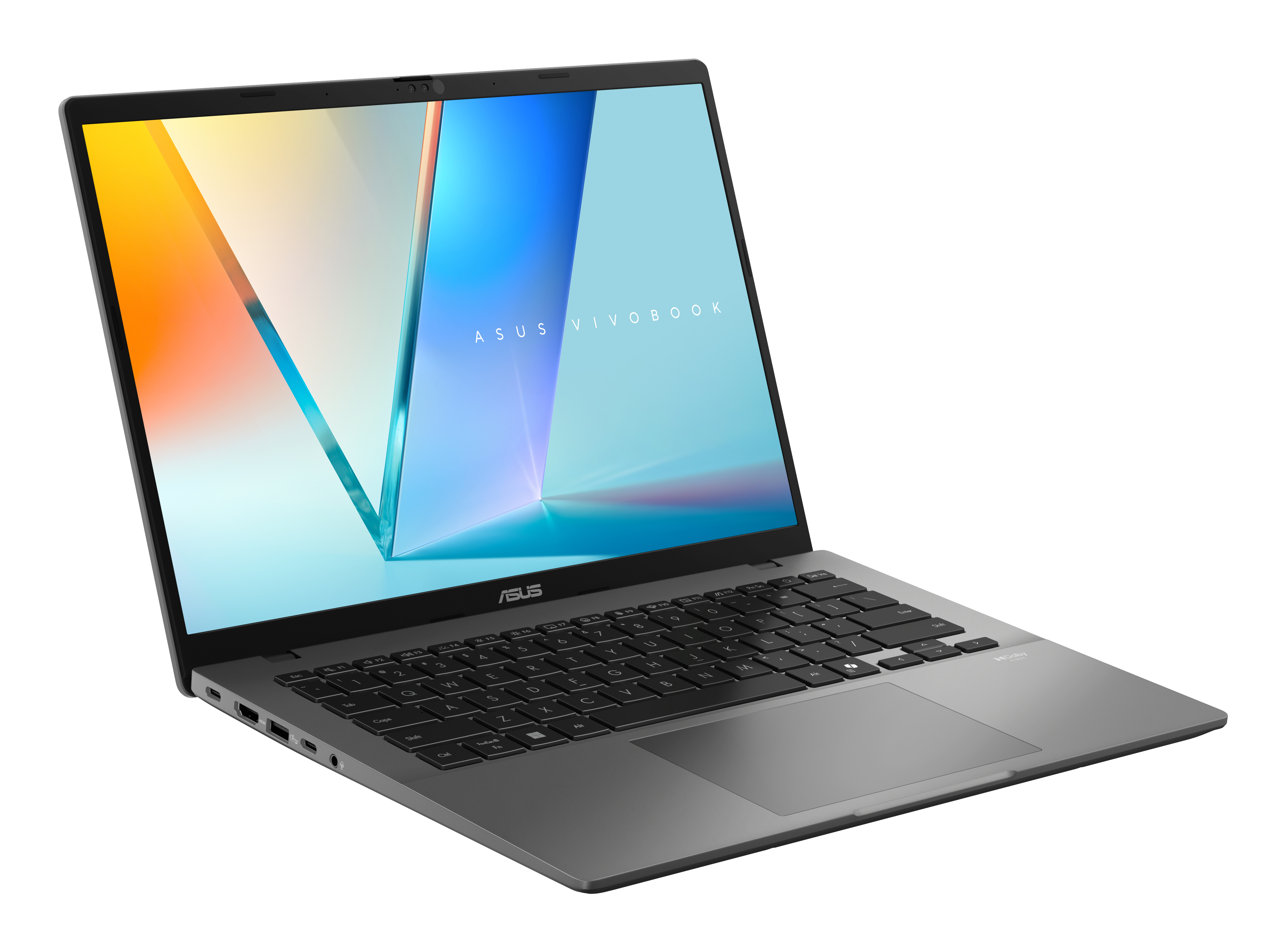 Grey laptop with a colorful screen. The word ASUS VIVOBOOK is on the screen.