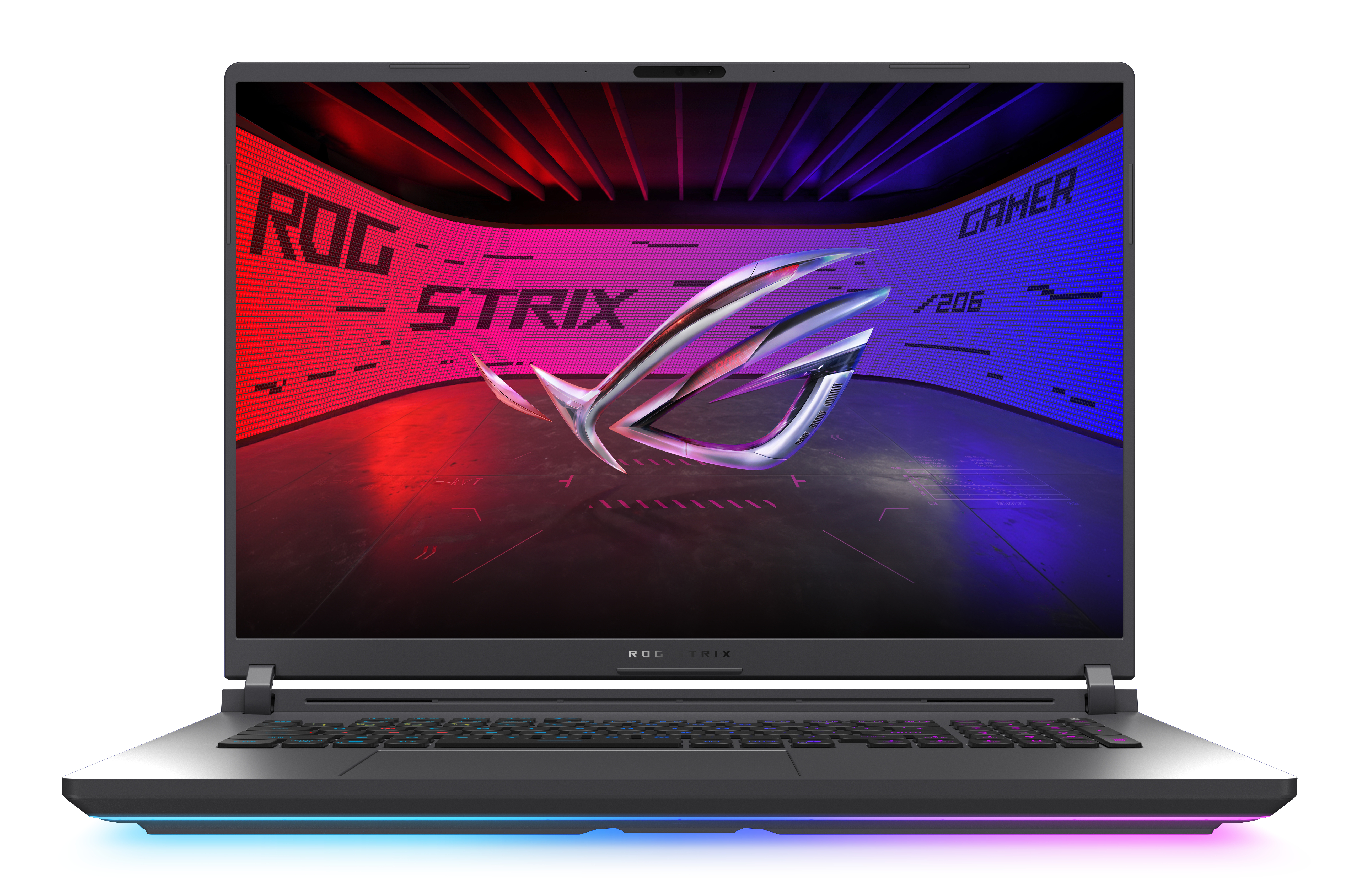 Zwarte laptop met kleurrijk scherm met ROG-logo. RGB-verlichting aan de onderkant.