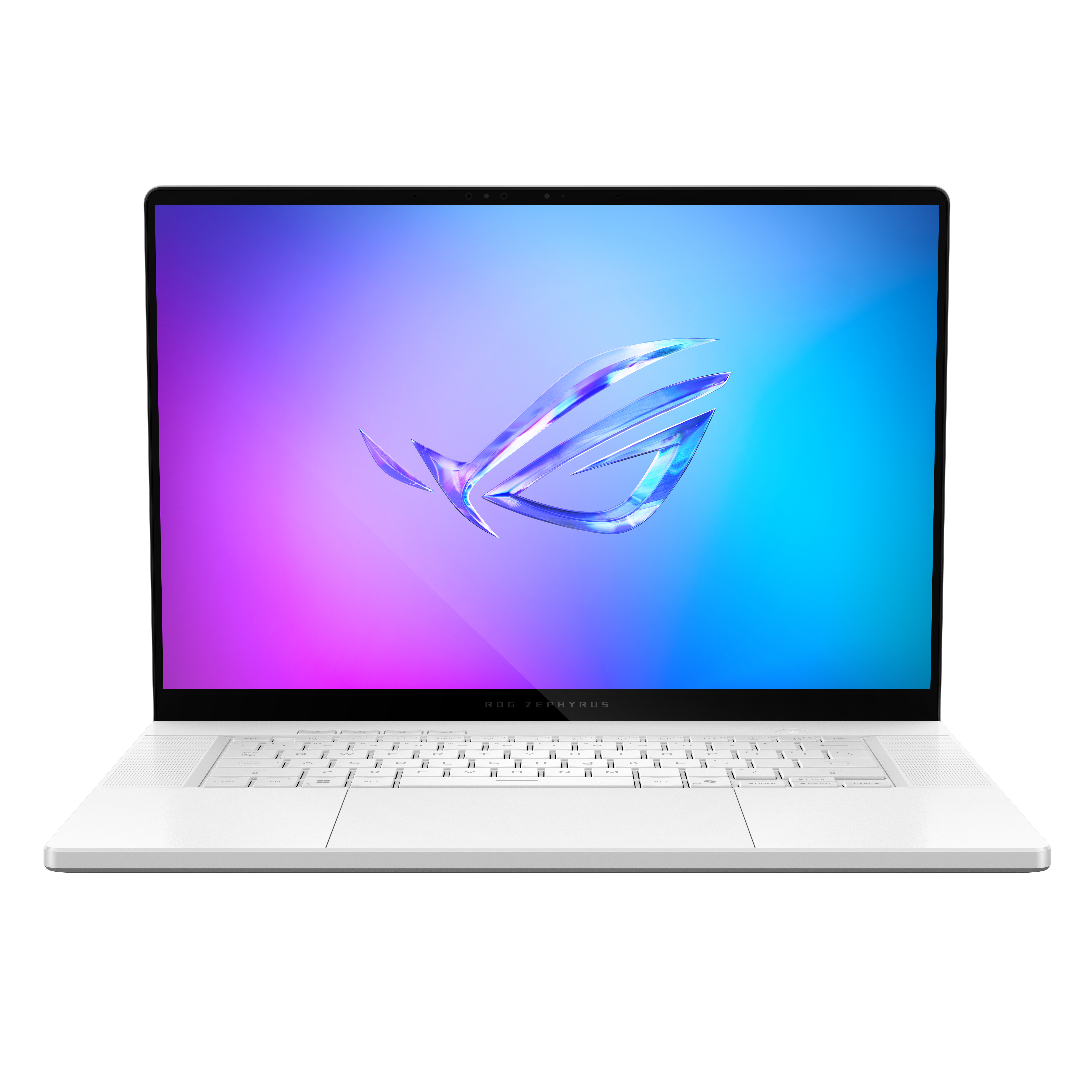 Portátil blanco con pantalla colorida con logo ROG sobre fondo degradado.