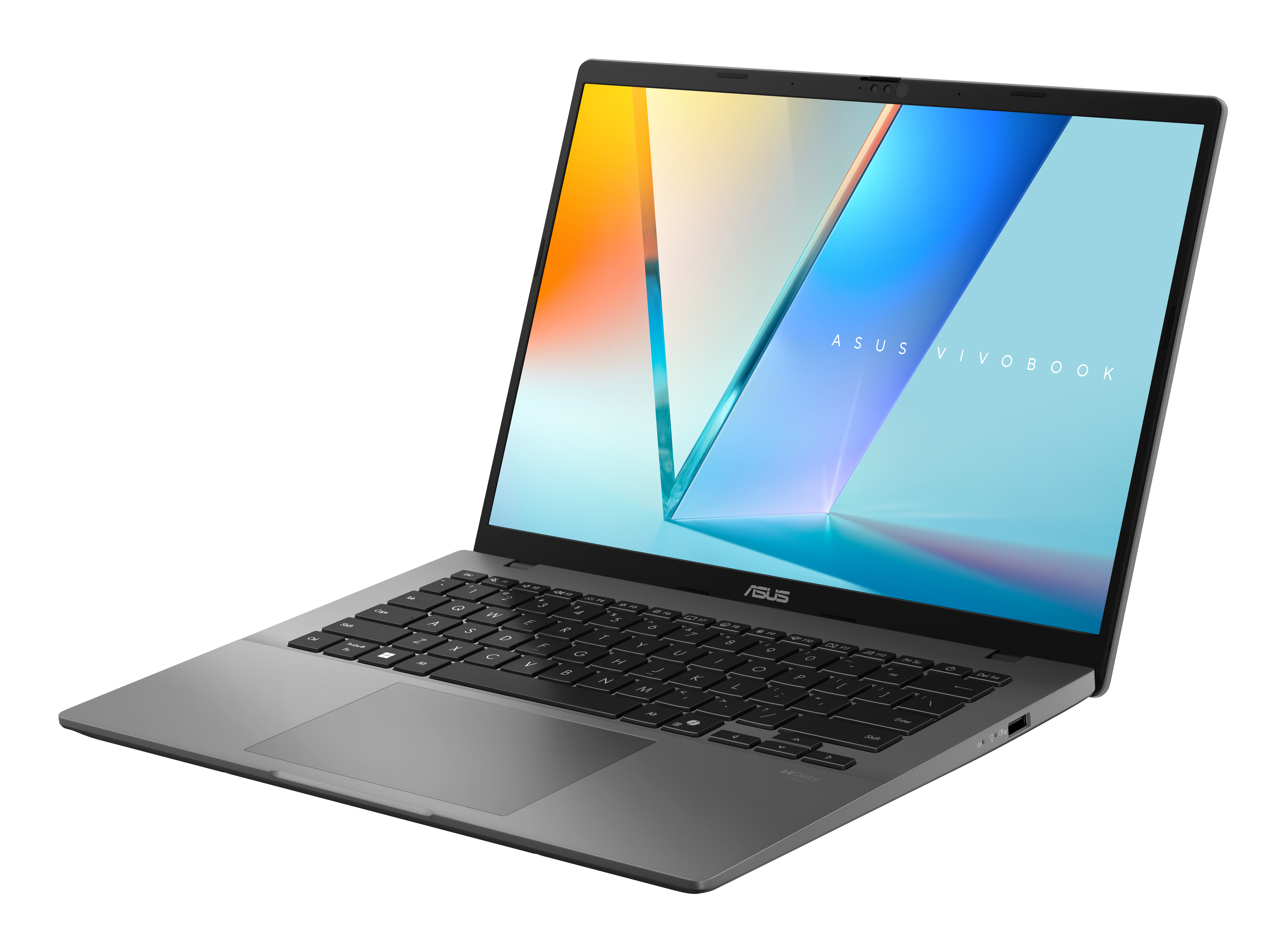 Grey laptop with a colorful screen. The word ASUS VIVOBOOK is on the screen.