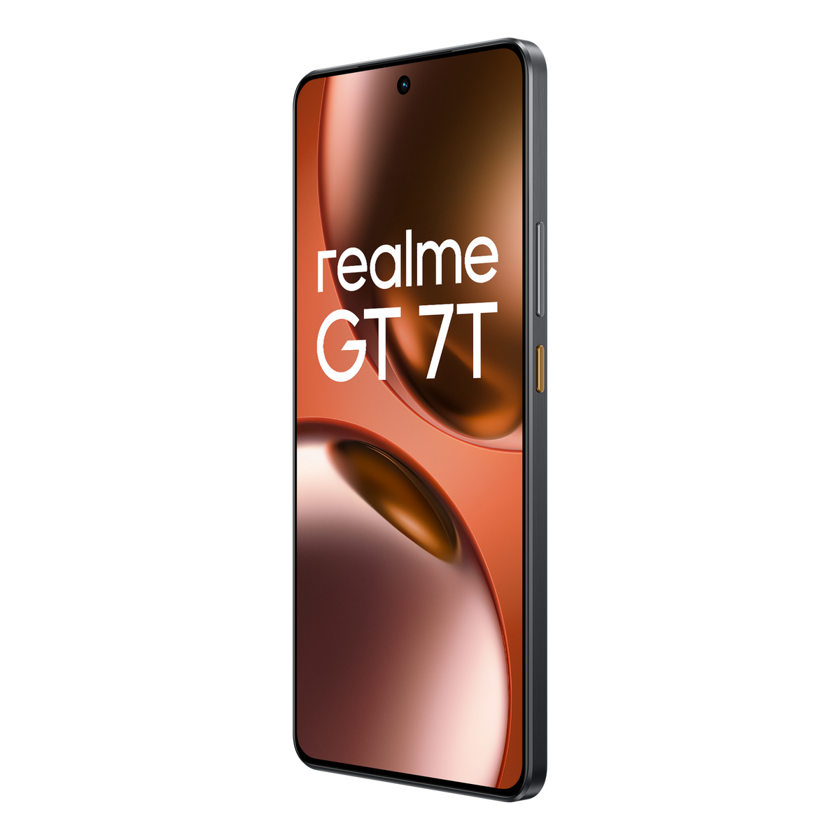 Czarny smartfon Realme GT 7T, pokazujący widok z boku, z ciemnym tłem.
