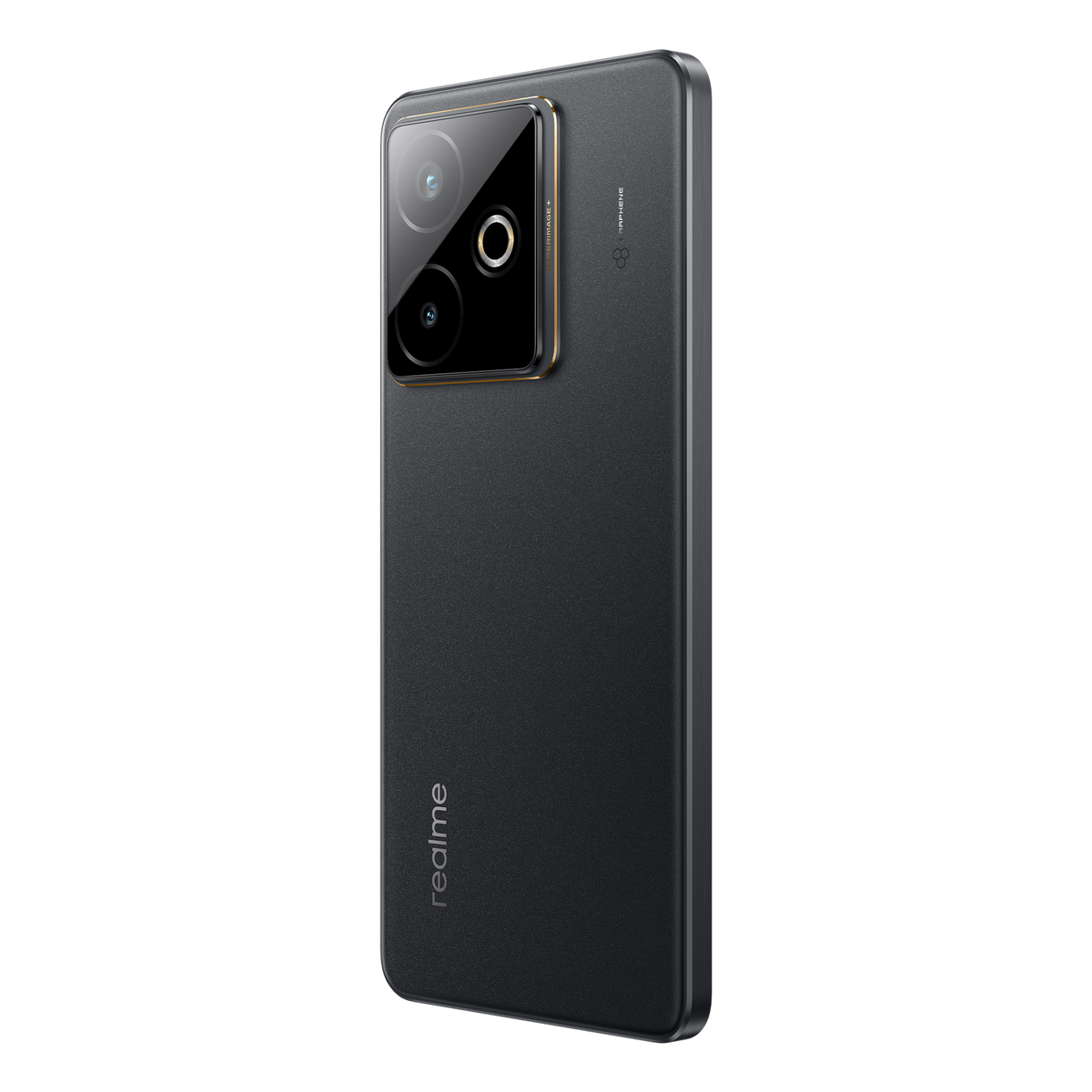 Czarny telefon z potrójnym aparatem i marką 'realme' z tyłu, lekko pod kątem.