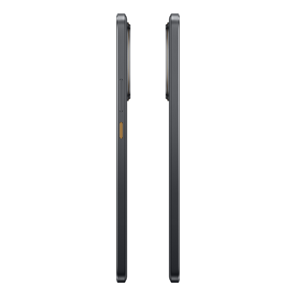 Dwa widoki z boku czarnego smartfona, pokazujące boczne przyciski i design, na czarnym tle.