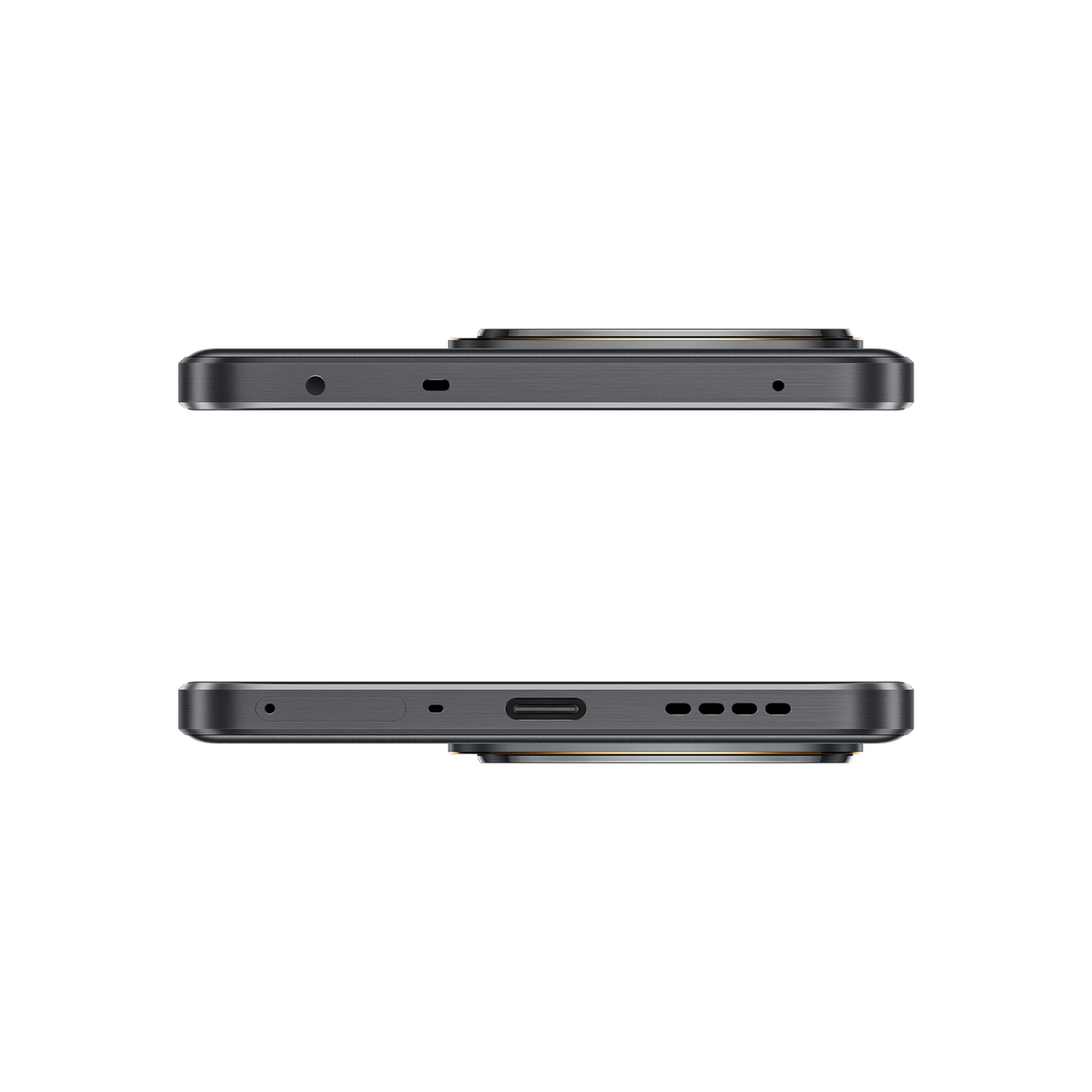 Zbliżenie czarnego smartfona pokazujące górną i dolną krawędź z portami i przyciskami.