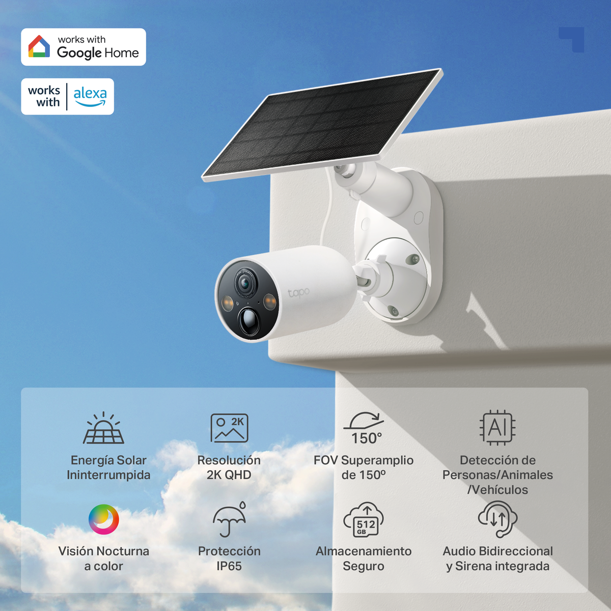 Una telecamera di sicurezza con pannello solare, contro un cielo blu, con icone.