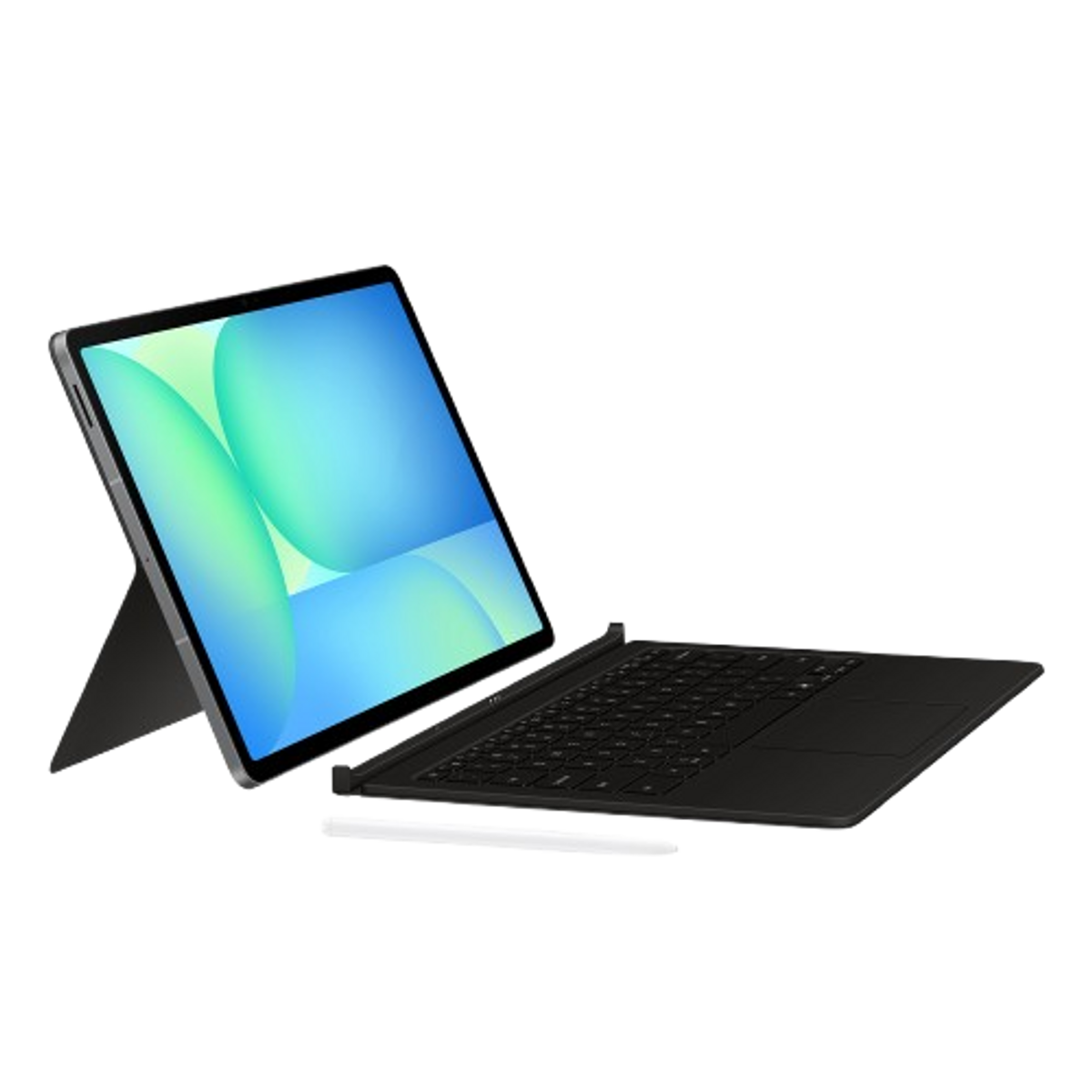 Una tableta con teclado y lápiz, sobre un fondo blanco.