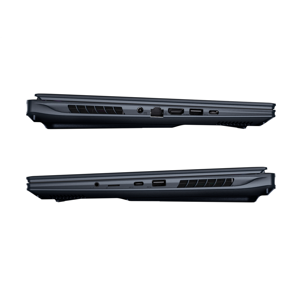 Dwa widoki boku czarnego laptopa, pokazujące porty i wentylatory.