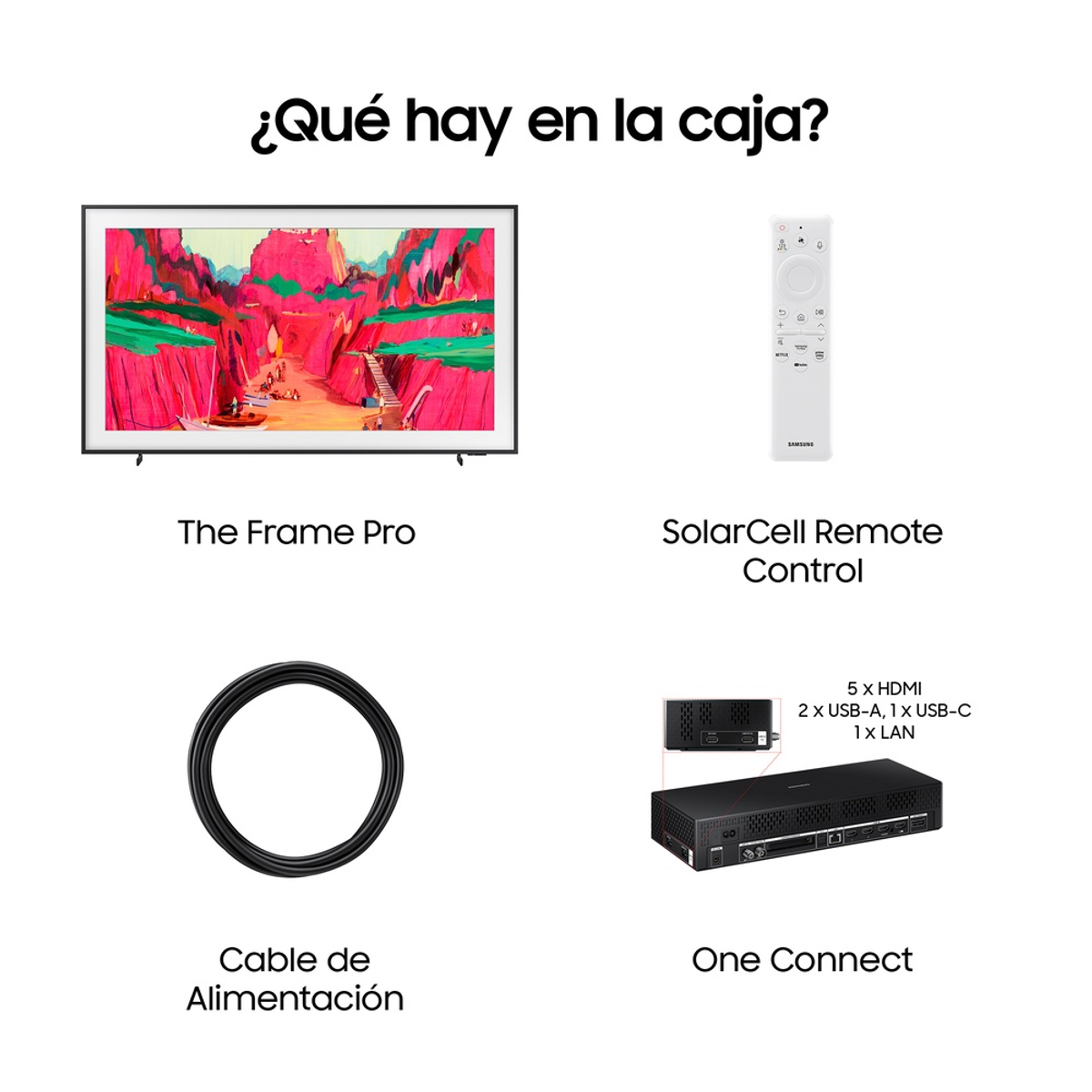 Przedmioty w pudełku: TV, pilot, kabel zasilający i urządzenie One Connect.